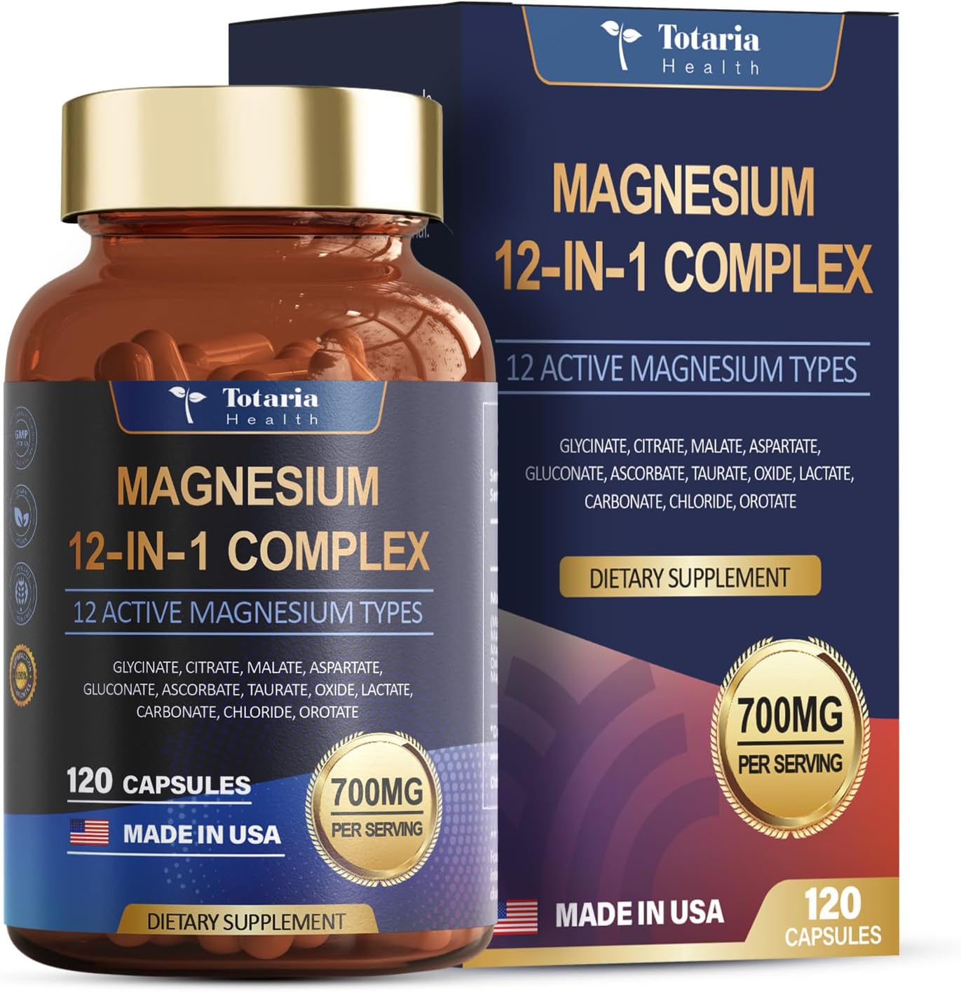 Magnesium Complex 700mg 12 in 1 Magnesium Supplement with Glycinate Citrate Malate Oxide Taurate Aspartate Orotate Magnesium Relaxation,Muscle,Heart Support, Vegan 120 Capsules