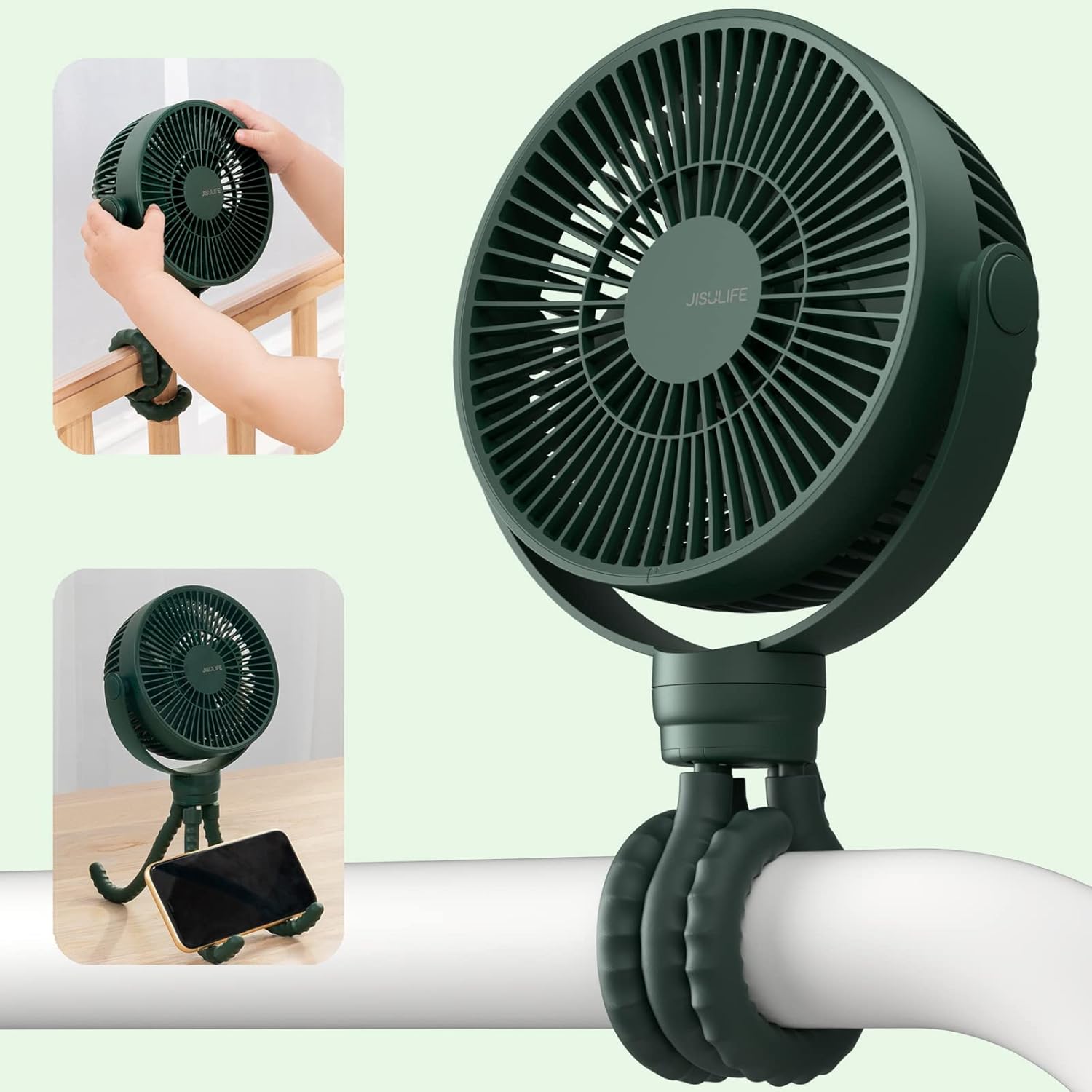 JISULIFE Stroller Fan, 4000mAh Flexible Tripod Fan, Mini Baby Fan Battery Operated, Personal Desk Fan with 4 Speeds, 720°Rotatable, Portable Fan for Cribs, Carseat, Golf Cart, Treadmill,Table-Green