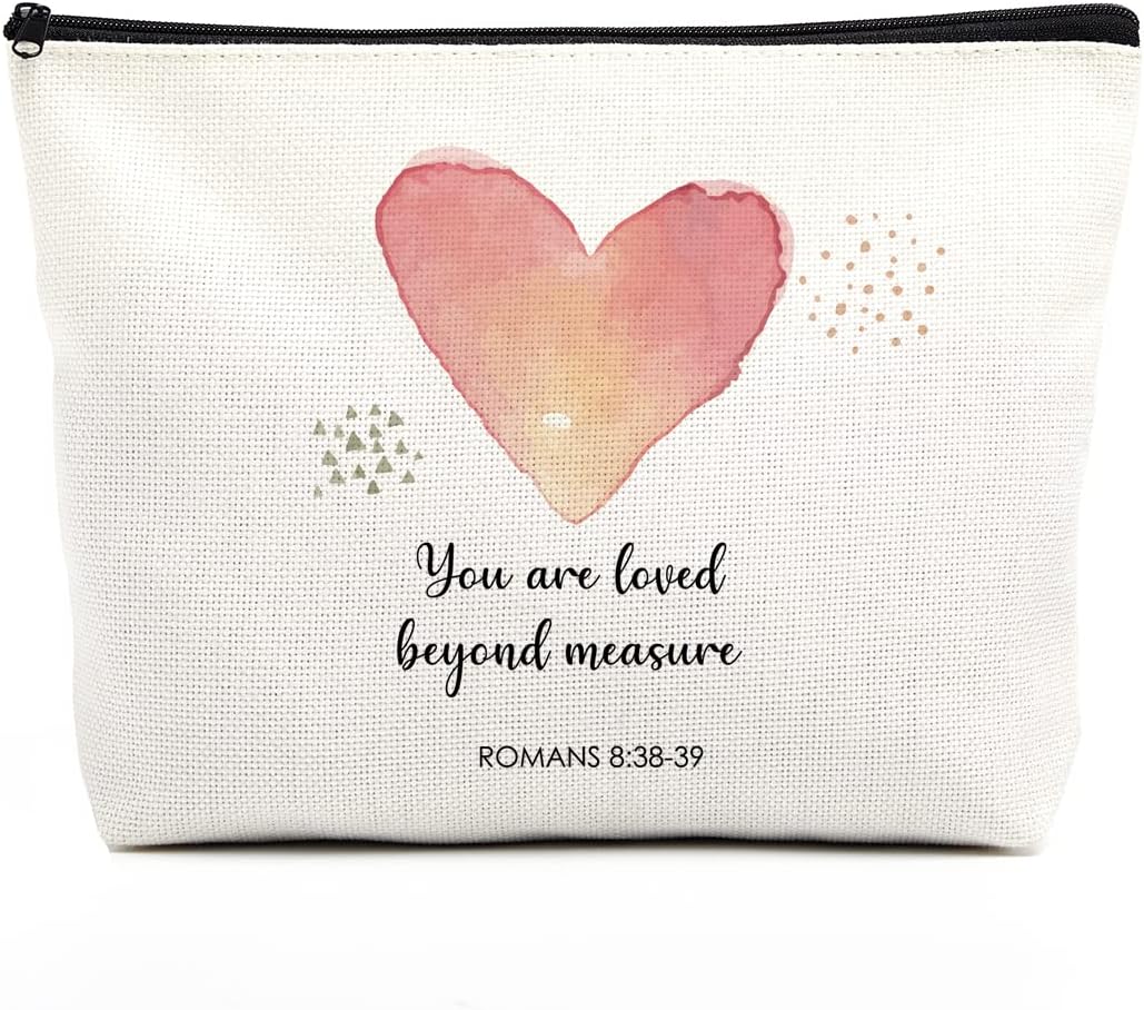 Christian Gifts for Women Religious Bible Verse Makeup Bag Inspirational Scripture Nursery Decor Gift Bag Birthday Christmas Gift Ideas for Her Friends You Are Loved Beyond Measure Romans 8:38-39