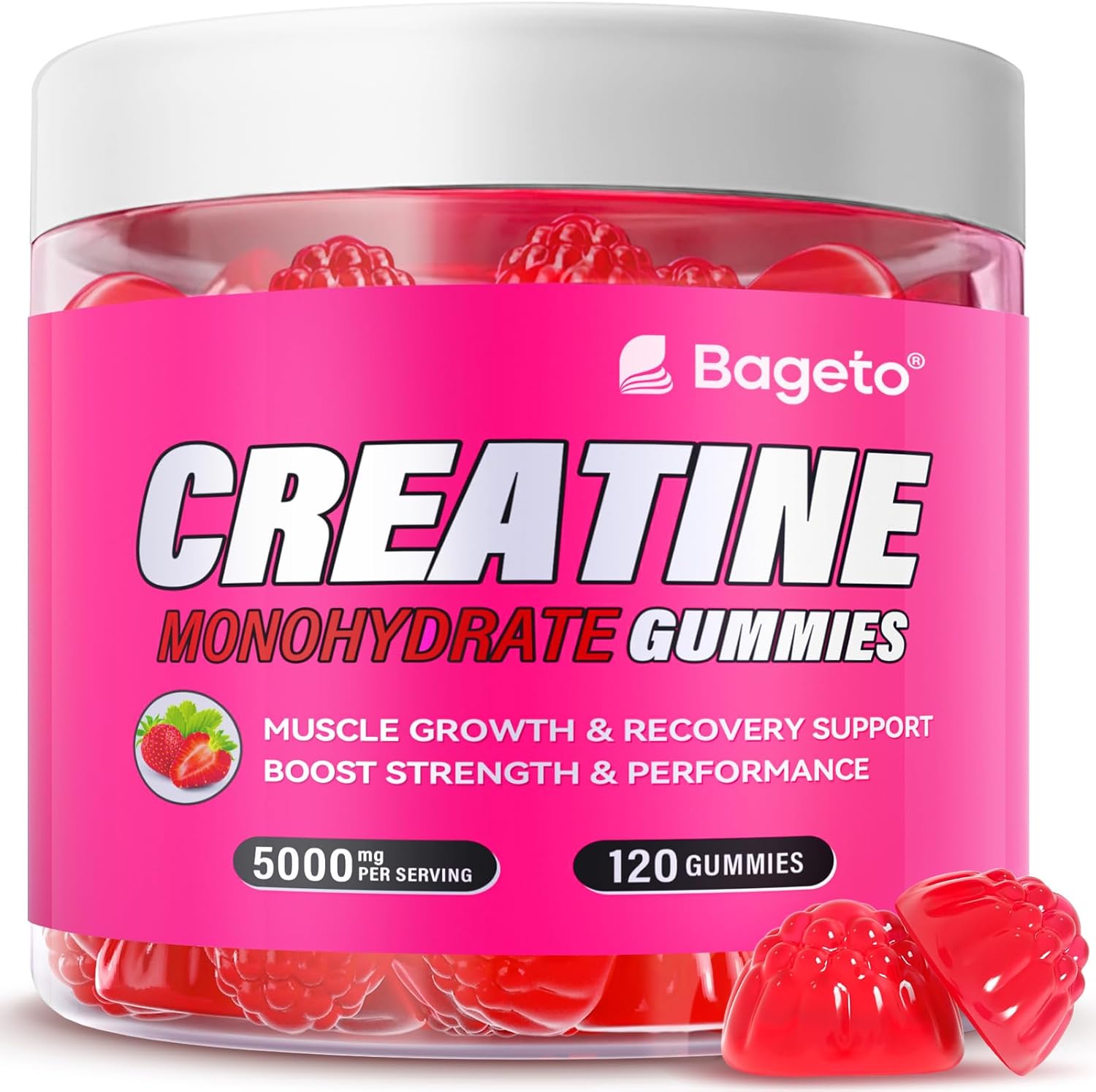 Creatine Monohydrate Gummies 5000mg for Men & Women, Gomitas de Creatina 5g Creatine Monohydrate, 0g Sugar Chewables Creatine Pre-Work Out for Muscle Strength, Vegan,120 Count (120 Count, Strawberry)