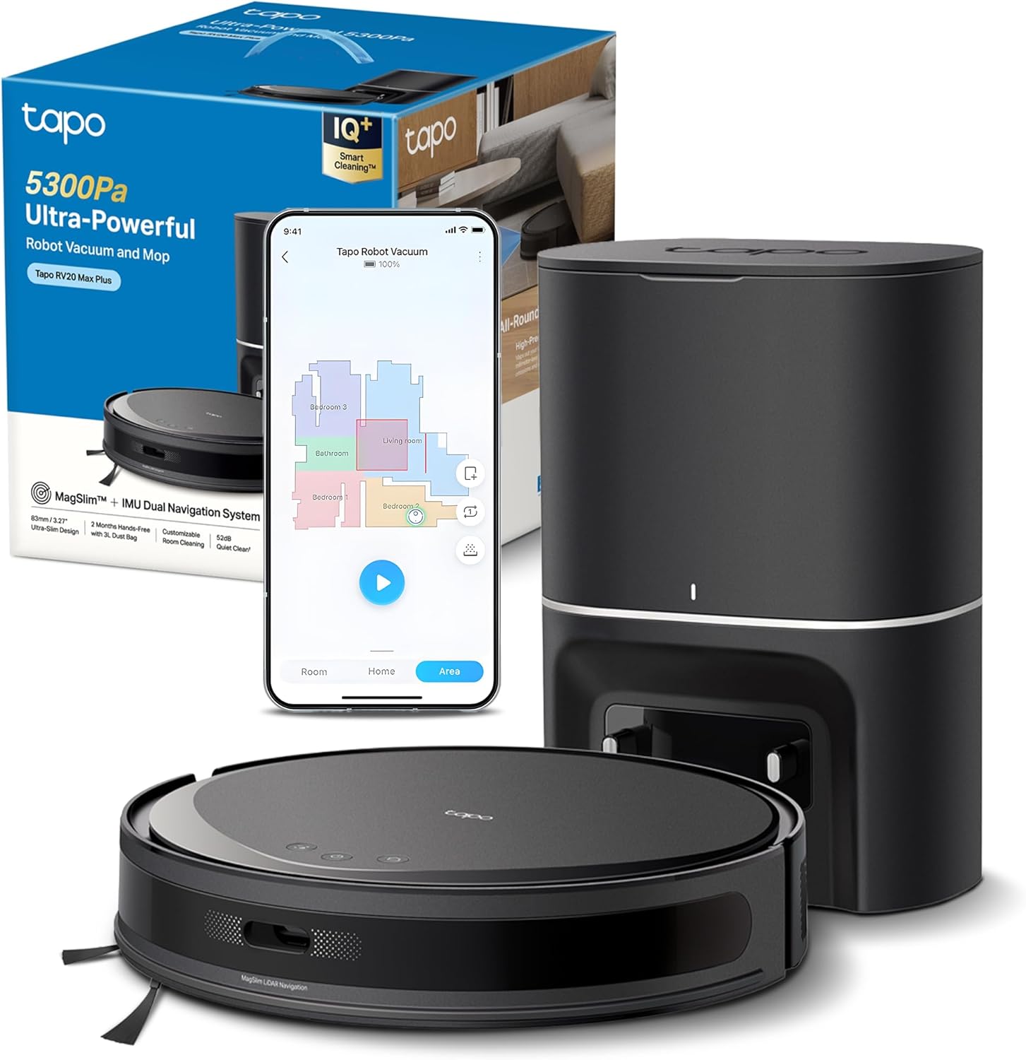 Tapo RV20 Max Plus 5300Pa Suction Robot Vacuum Cleaner with Mop, Ultra-Slim Design, Faster Mapping With MagSlim & LiDAR Navigation Robot Vacuum, Auto-Empty Dock, Voice/Remote Control Robotic Vacuums