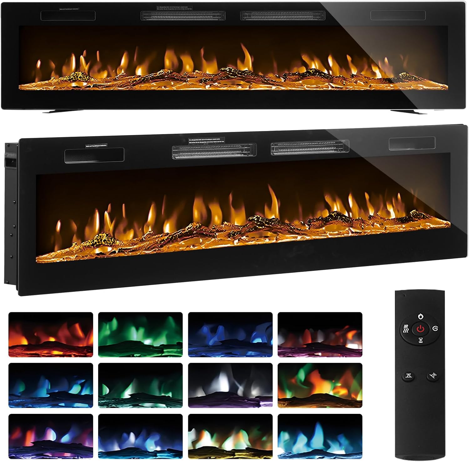 Ultra Thin Electric Fireplace 50"/60" Wall Mounted/Recessed/Freestanding Fire Heater with 12 LED Flame Color 5 Brightness Thermostat Overheat Protection Remote & Touch 750W/1500 (Black, 50inch/127cm)