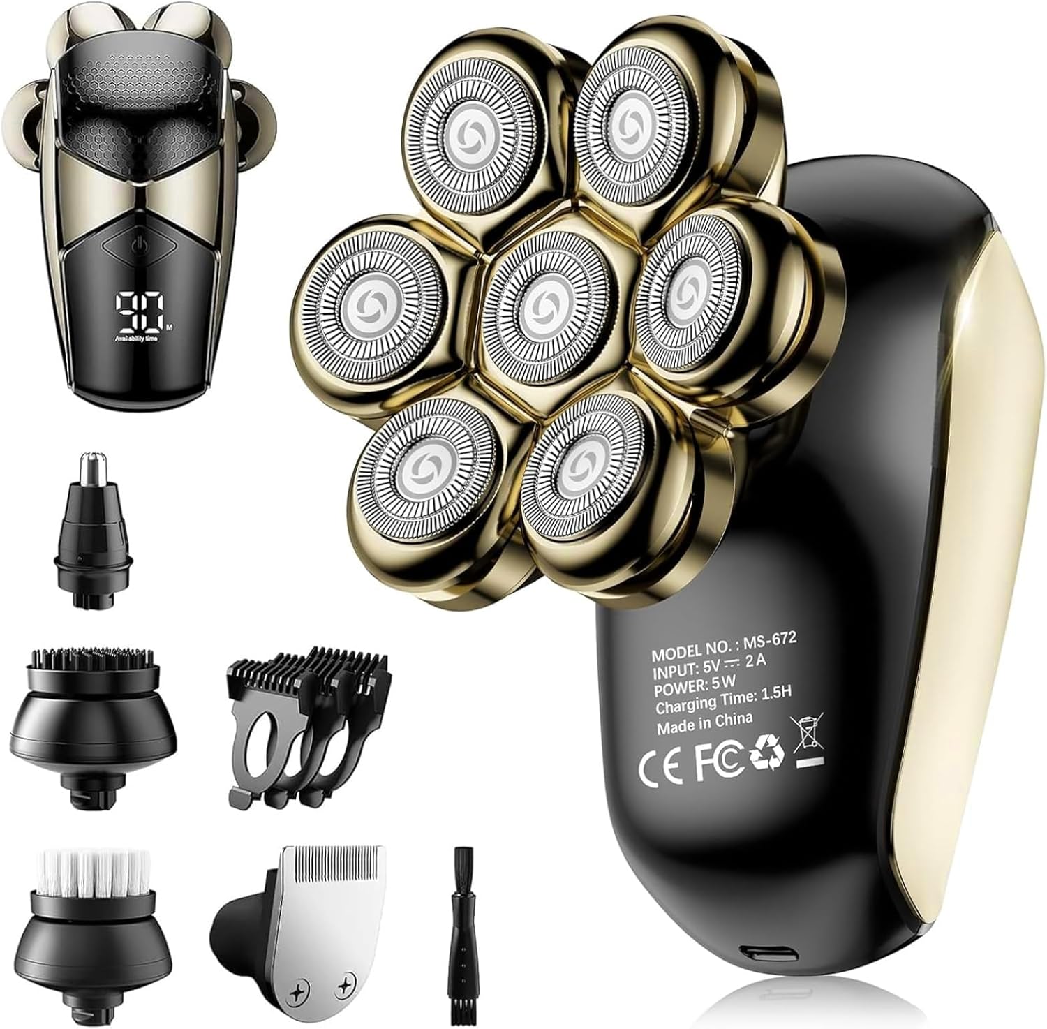 Detachable Head Shavers, SHPAVVER 5 in 1 Electric Razor IPX7 Waterproof for Bald Men, Wet Dry LED Display Rechargeable 7D Rotary Shaver