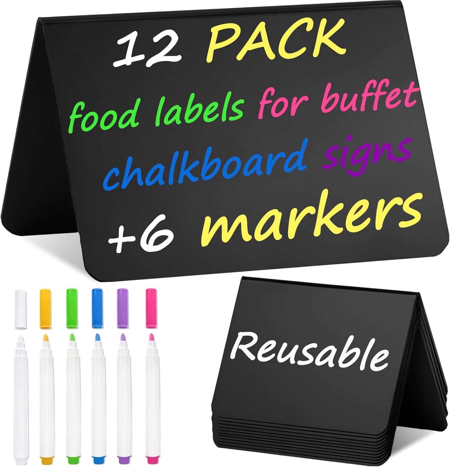 Herda 12 Pack 4"x3" Mini Chalkboard Signs for Party Buffet,Food Labels for Party Supplies-Wedding Table Signs -Bakery Food Tags-Small Chalkboard Place Cards with 6 Liquid Multicolored Chalk Markers