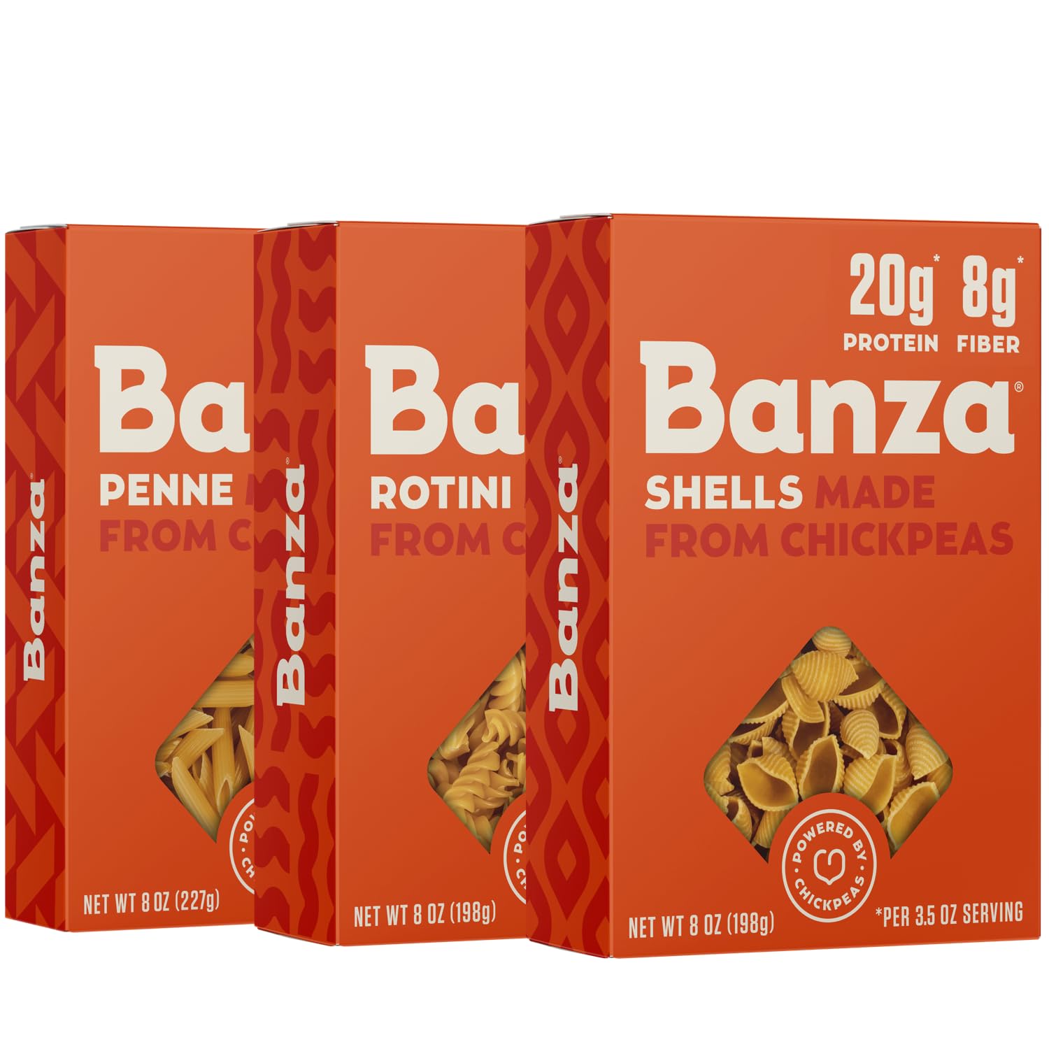 Banza Banza Chickpea Pasta, Variety Pack (1 Penne/1 Rotini/1 Shells) - Gluten Free Healthy Pasta, High Protein, Lower Carb and Non-GMO, 8 Ounce (Pack of 3)