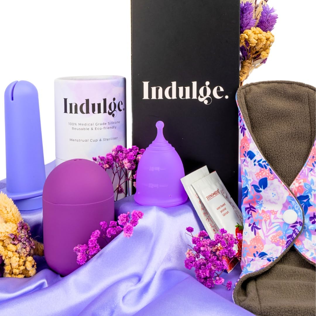 Indulge 5 PCS Reusable Menstrual Cup Set – Silicone Period Cup, Microwave Steriliser, Water Based Lube, Panty Liners, Eco-Friendly Alternative to Tampons & Sanitary Towels, Medium, Pack of 1, Purple