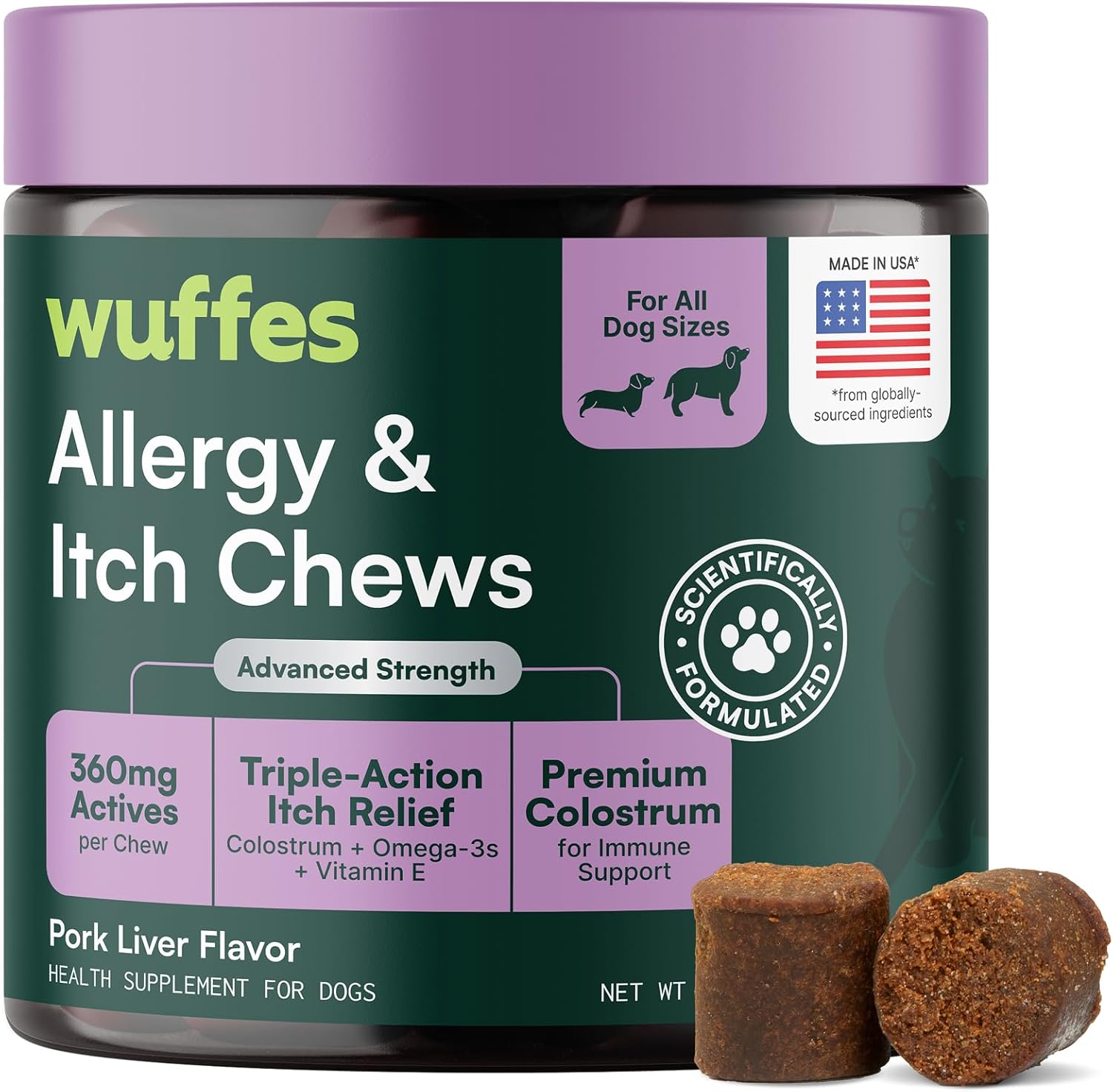 Wuffes Allergy & Itch Soft Chews, Dog Allergy Support with Colostrum, Vitamin E and Omega 3s for Dogs, Non-Drowsy Immune and Itchy Skin Support for All Dogs, 60 Soft Chews