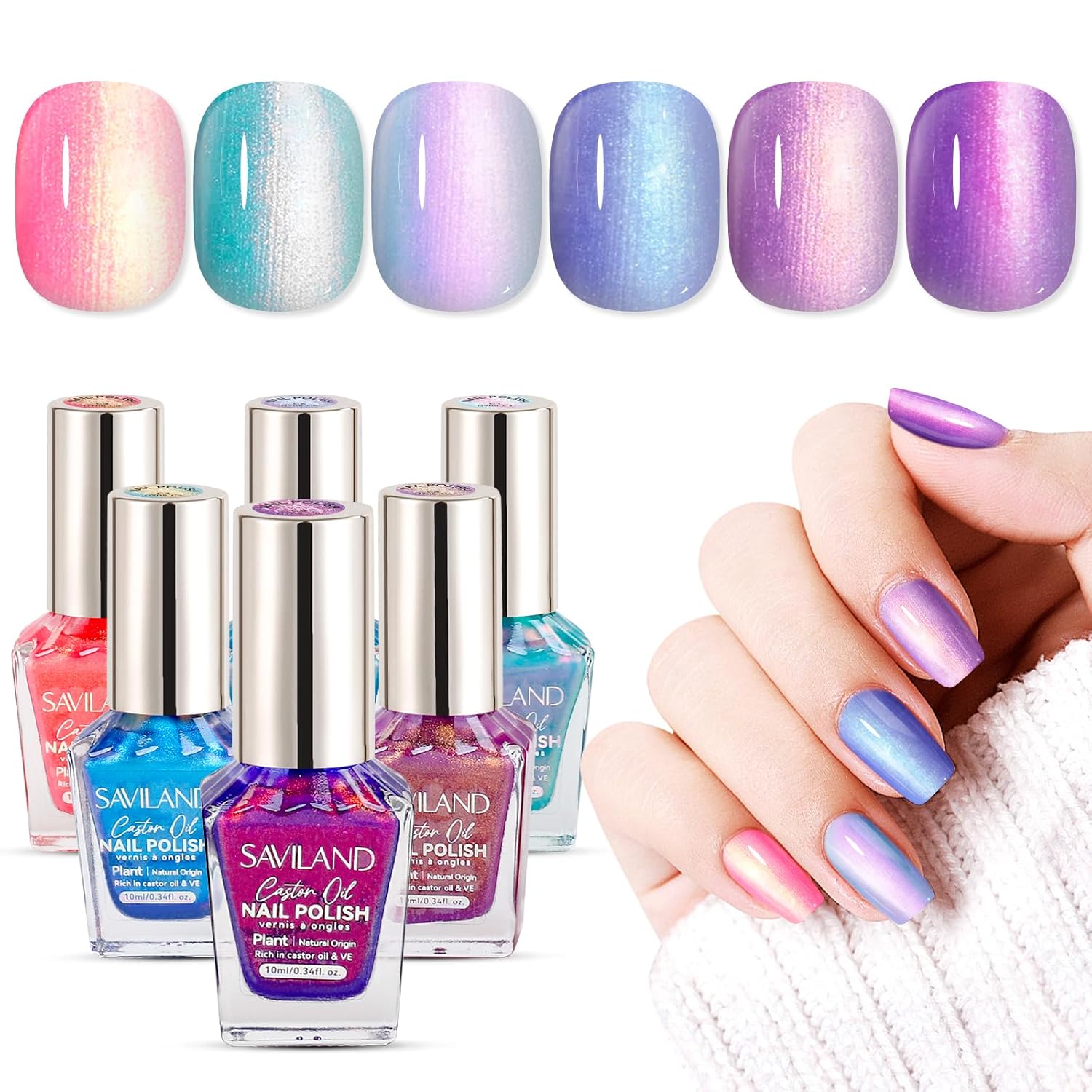 SAVILAND 6pcs Ombre Nail Polish Sets: Charm Pink Blue Gold Purple Pearl Summer Fingernail Polish Colors Air Quick Dry Nail Polish Plant-base Castor Oil Natural Nail Lacquer Women Home Manicure DIY