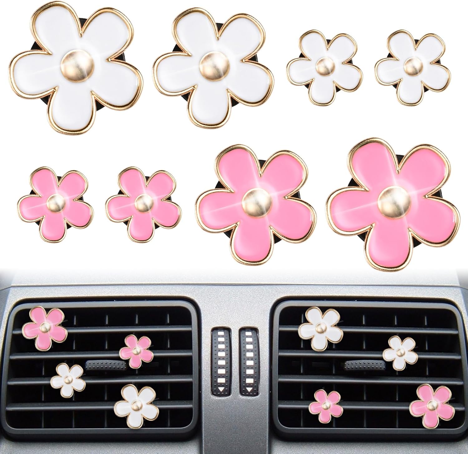 URAQT Daisy Flower Air Vent Clip, 8 PCS Car Air Fresheners, Cute Flower Air Conditioning Outlet Clip, Interior Decor Charm Pink Accessories for Girls Women