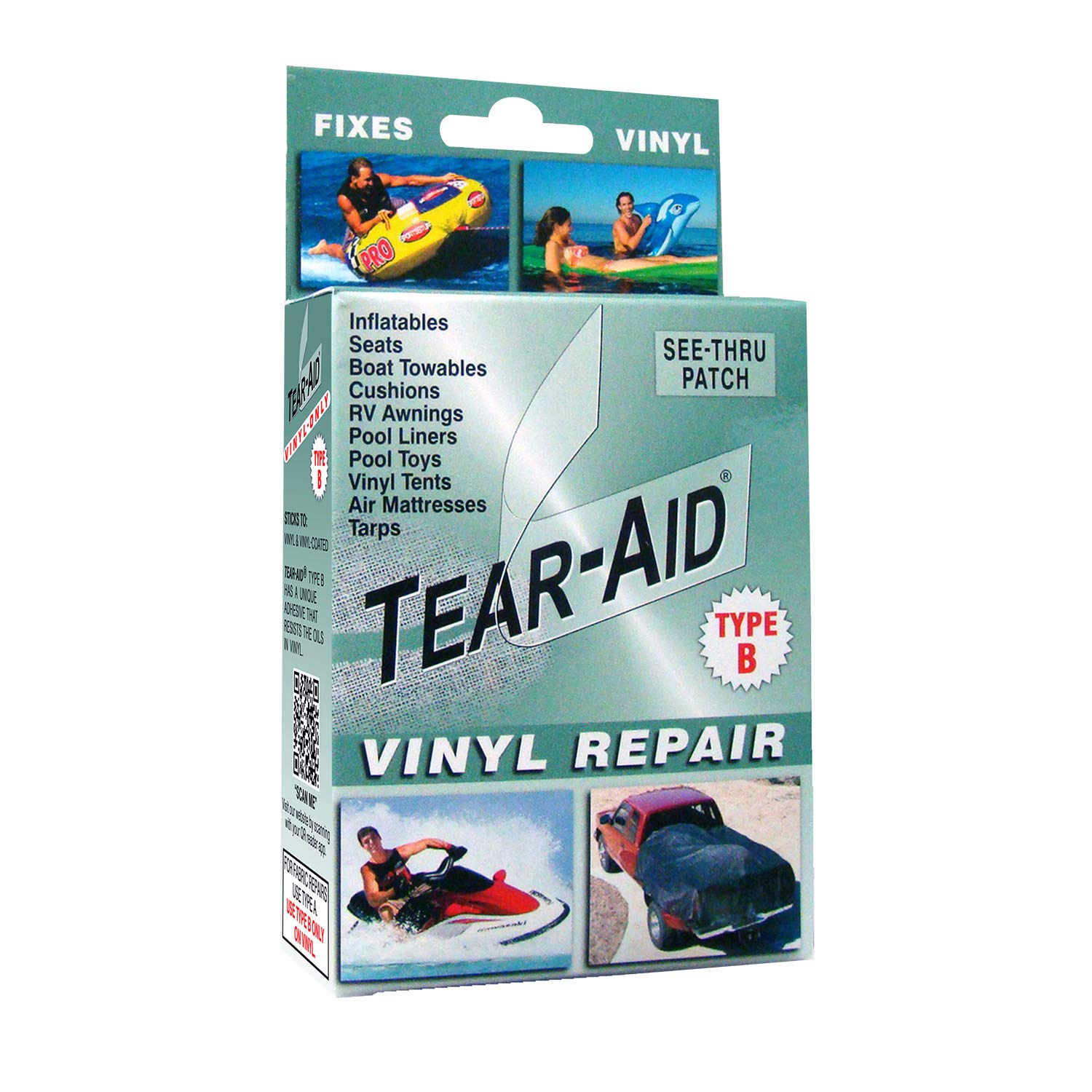 TEAR-AID Vinyl Repair Kit, Type B Clear Patch for Vinyl-Coated Materials, Works on Tents, Awnings, Air Matresses, Pool Liners and More, Green Box, Single Pack