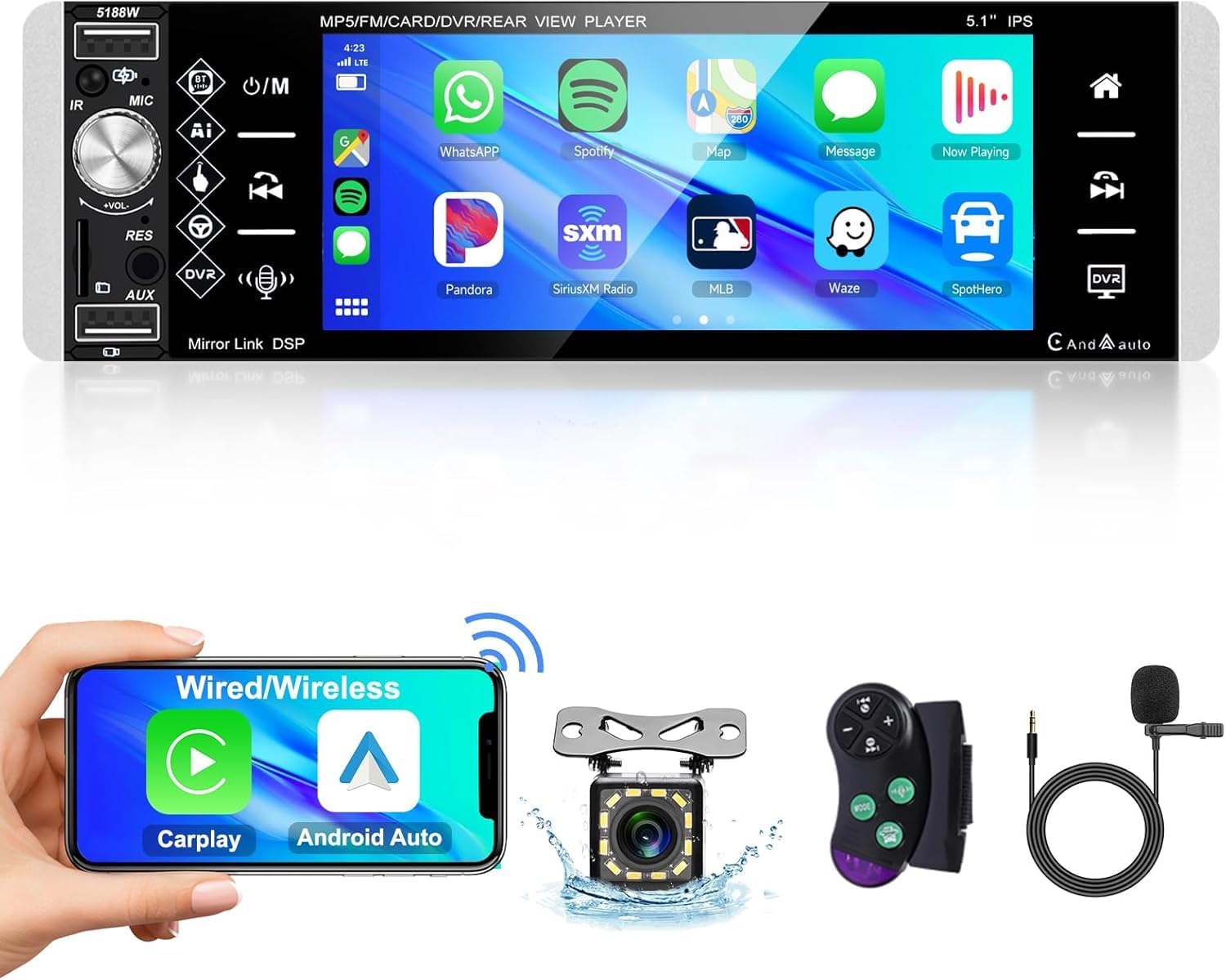 Wireless Carplay Android Auto Single Din Car Stereo, Podofo 5.1 Inch HD Touch Screen 1 Din Car Radio with Bluetooth AM/FM/RDS Radio EQ Audio Mirror Link SWC Dual-USB+Reverse Camera