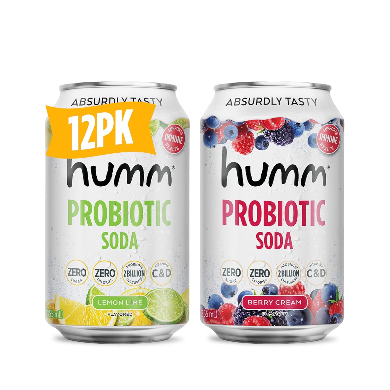 Humm Sparkling Probiotic Soda Variety Pack, Lemon Lime & Berry Cream, Zero Sugar, Zero Calorie, 2 Billion Probiotics, Vitamin C, D, and B12, 12 fl oz (12 Pack)