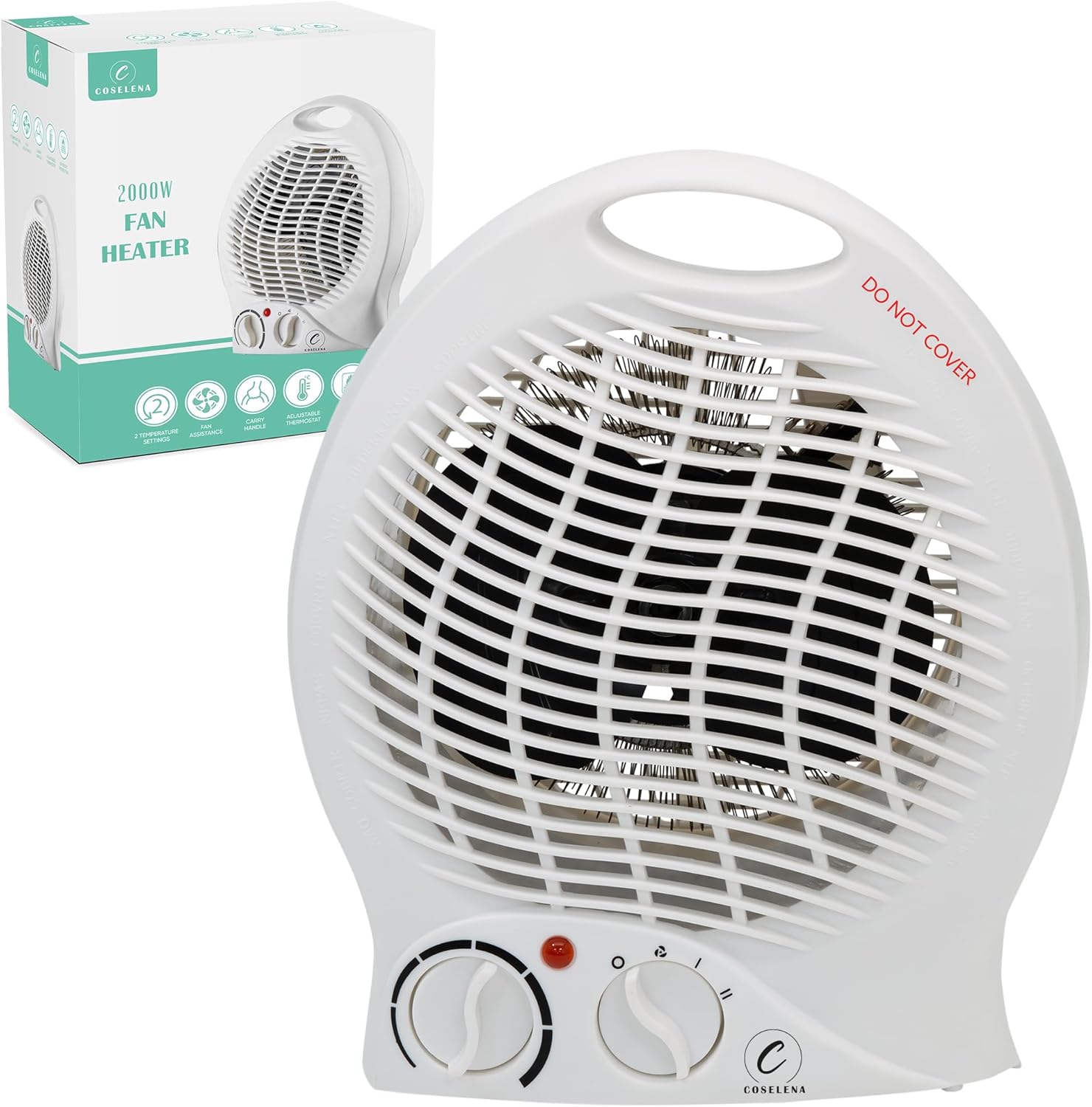 Coselena Electric Heater - 2KW Fan with 2 Heat Settings & Cooling Function - Portable with Adjustable Thermostat - Low Energy Silent Heating for Home, Office & Indoor Use - White