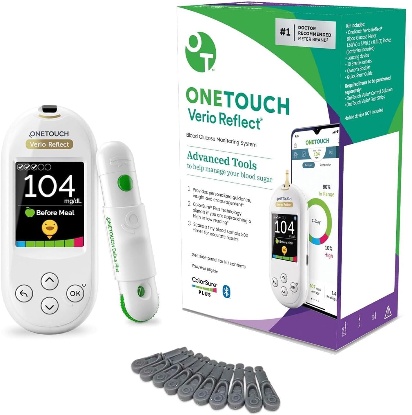 OneTouch Verio Reflect Blood Glucose Meter | Blood Glucose Monitoring System Includes Blood Sugar Meter, Lancing Device and 10 Sterile Lancets
