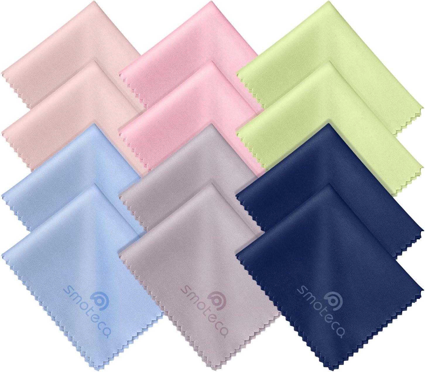 SmoTecQ 12 Pack Assorted Colors Microfiber Cleaning Cloths - Safe and Effective Cleans Lenses, Glasses, Screens, Cameras, Eyeglasses, Cell Phone, LCD TV Screens and More (6X7)