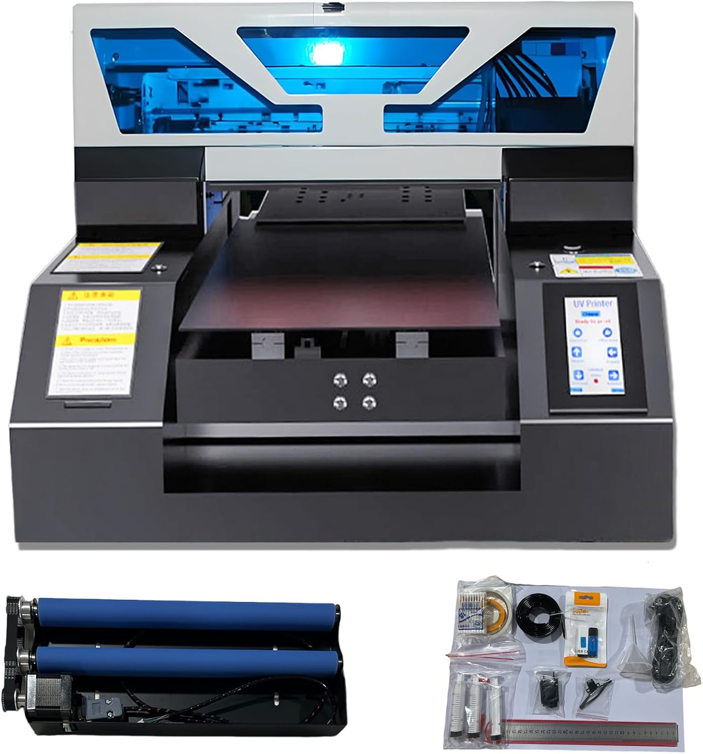 UV Printer, A4 L1800 DTG Printer T-Shirt Machine with Touch Screen, UV Flatbed Printers with Bottle Holder & White Ink Mixing for T-Shirt Bottles Acrylic Phone Case Crystal Leather Metal Glass