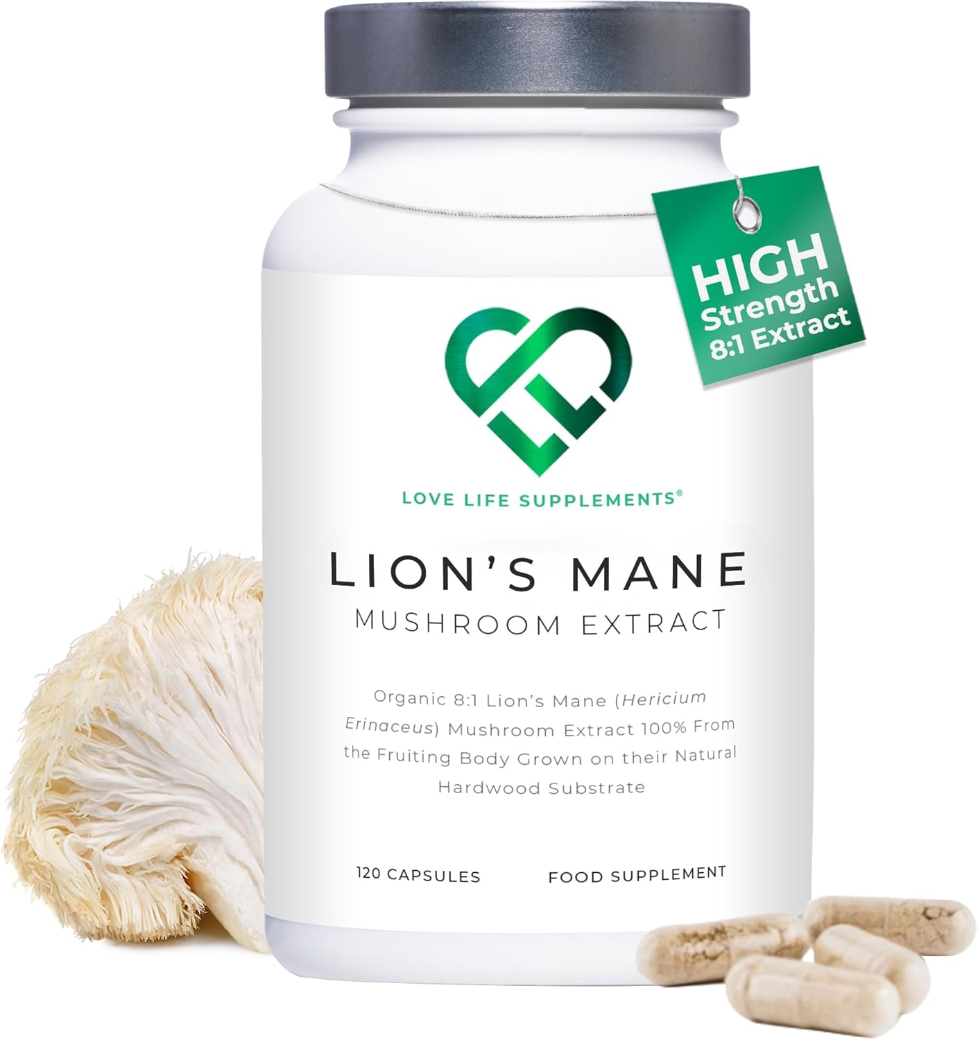 Organic Lions Mane Supplement High Strength, 2 Month Supply, 120 Capsules, Premium 8:1 Mushroom Extract from Fruiting Body, No Fillers, for Mental Clarity, Focus, Attention, Love Life Supplements