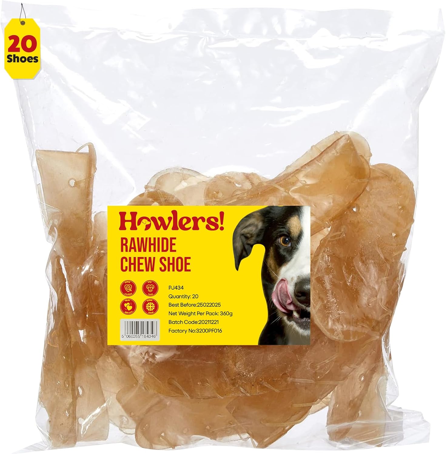 HOWLERS 12.5cm Pack of 20 Natural Rawhide Dog Chew Shoes | Rawhide Shoes For Dogs Made From 100% Natura Hide | Dog Chews Long Lasting Natural Ingredients