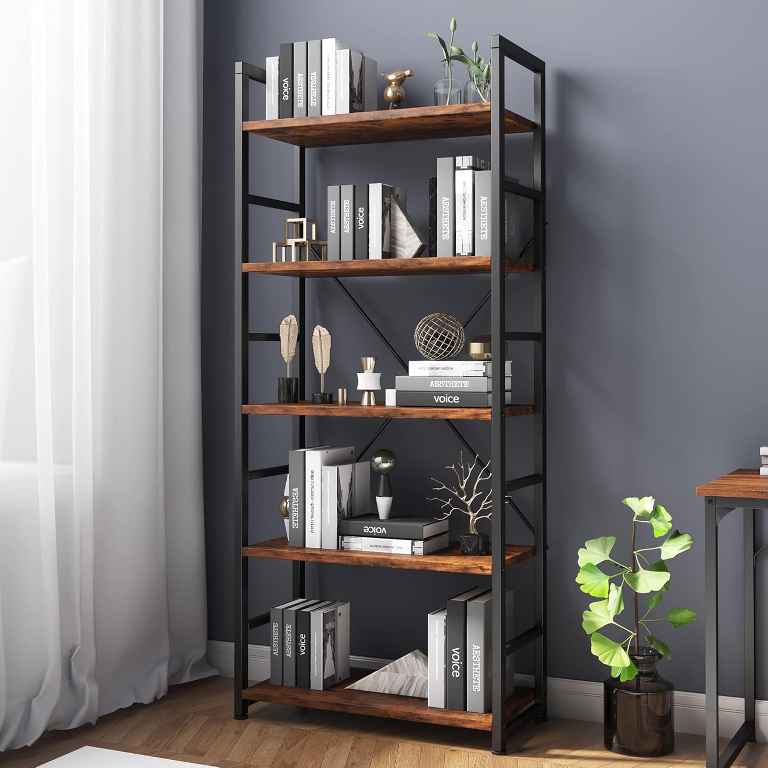 VERMESS Industrial Bookshelf, 5-Tier 24.8" Rustic Brown Shelving Unit Wood Bookcase with Open Shelves, Rustic Standing Bookshelves Metal Frame Display Rack for Living Room,Bedroom, Vintage
