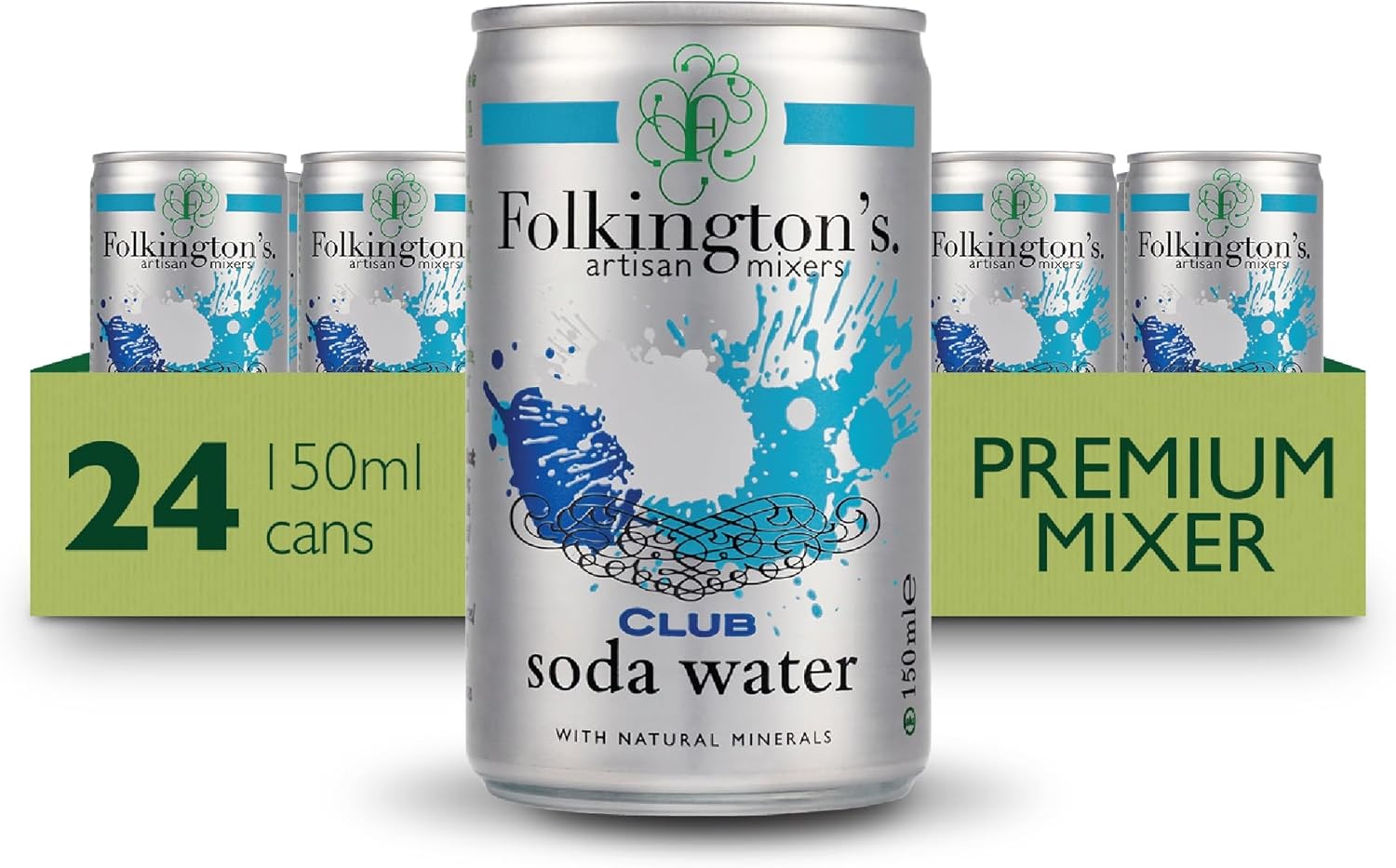 Folkington's Club Soda Water, 24 Cans, Natural Minerals Drink Mixer, 24 x 150 ml