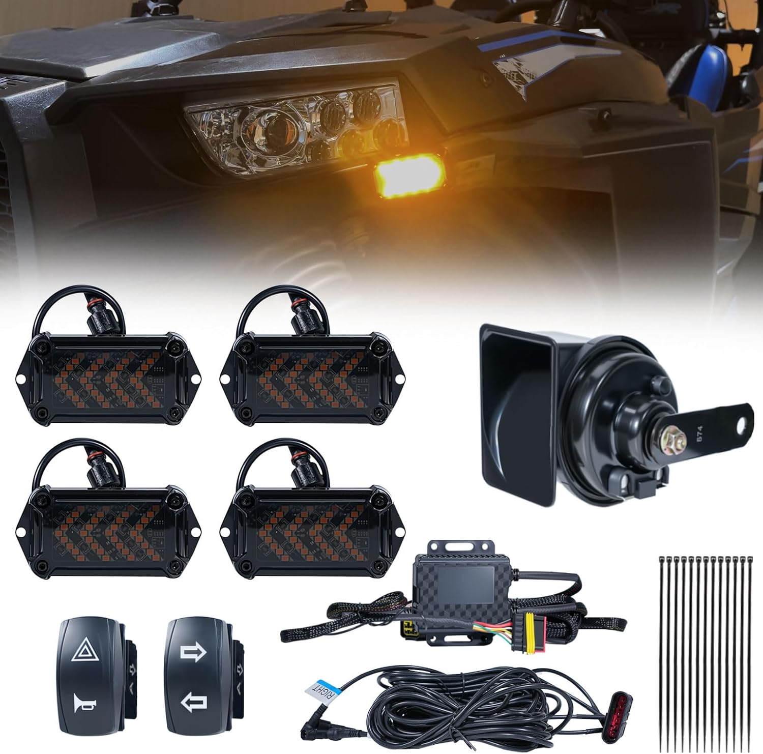 UTV Turn Signal Kit with 110dB Horn, Pre-Wired, Plug and Play UTV ATV Blinker with Rocker Switch, Rectangle Universal Street Legal Turn Signals Compatible with Polaris, Can-Am, Teryx, CFMOTO