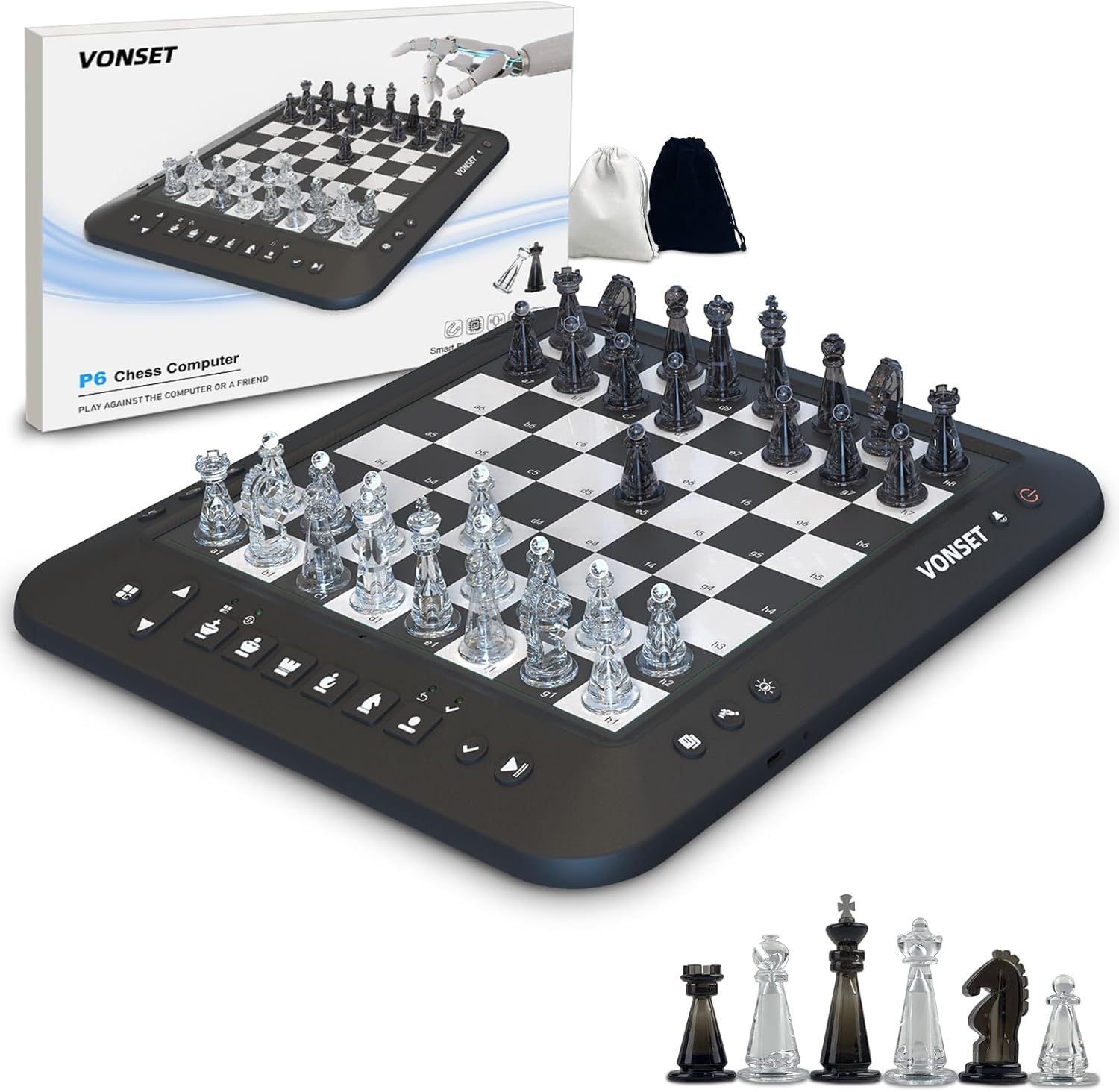 Vonset P6 Computer Chess Game Talking Smart Chess Board Electronic Chess Set Magnetic Chess Computer with LED for Beginners Electronic Chess Board for Kids & Adults Learn Chess