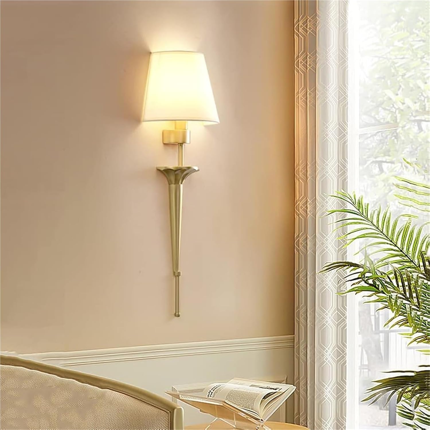 VGTLAKEX Wall Lights Sconces ﻿ Modern Wall Lamp with White Shade Brass Column Stand Indoor Light Fixture for Living Room Vanity Stylish Home Lighting Dcor