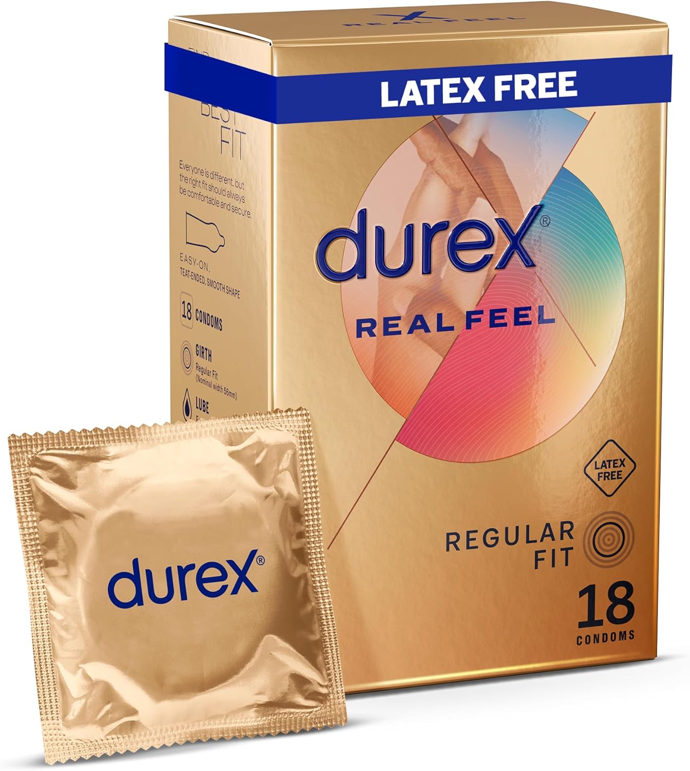 Durex Real Feel, 18 Condoms, Regular Fit, Latex Free, Extra Silicone Lube