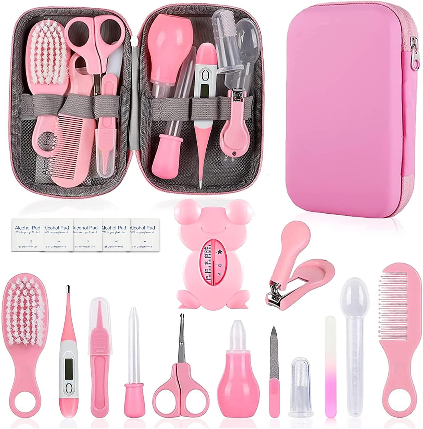 Baby Grooming Kit, Infant Safety Care Set with Hair Brush Comb Nail Clipper Nasal Aspirator,Baby Essentials Kit for Newborn Girls Boys (Pink Baby Grooming kit)