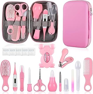 Baby Grooming Kit, Infant Safety Care Set with Hair Brush Comb Nail Clipper Nasal Aspirator,Baby Essentials Kit for Newborn Girls Boys (Pink Baby Grooming kit)