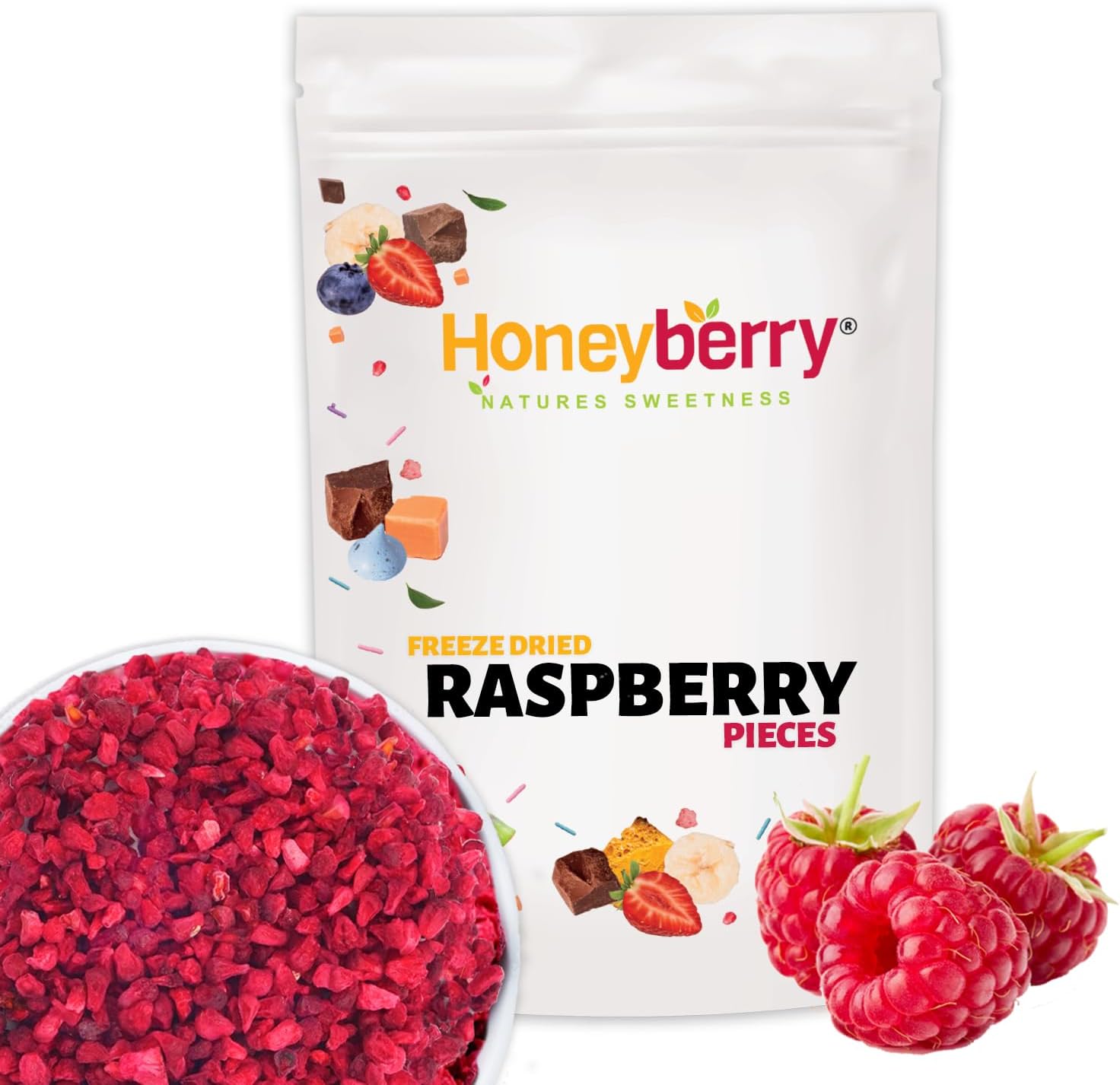 Freeze Dried Raspberry Pieces 100g - Premium Freeze-Dried Fruit Bits - 100% Natural, No Added Sugar or Preservatives Raw Dry Raspberry Grit for Baking, Cake Decorations, Yogurt, Porridge Oat, Smoothie