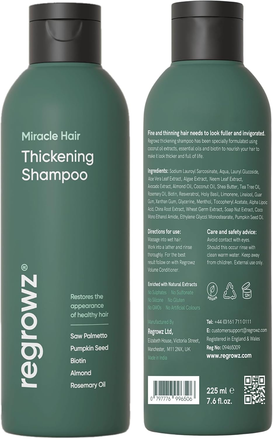 Regrowz Hair Thickening Shampoo 225ml - Biotin Hair Growth Shampoo for Women & Men - DHT Blocker & Sulphate Free - Natural Anti Hair Loss Treatment