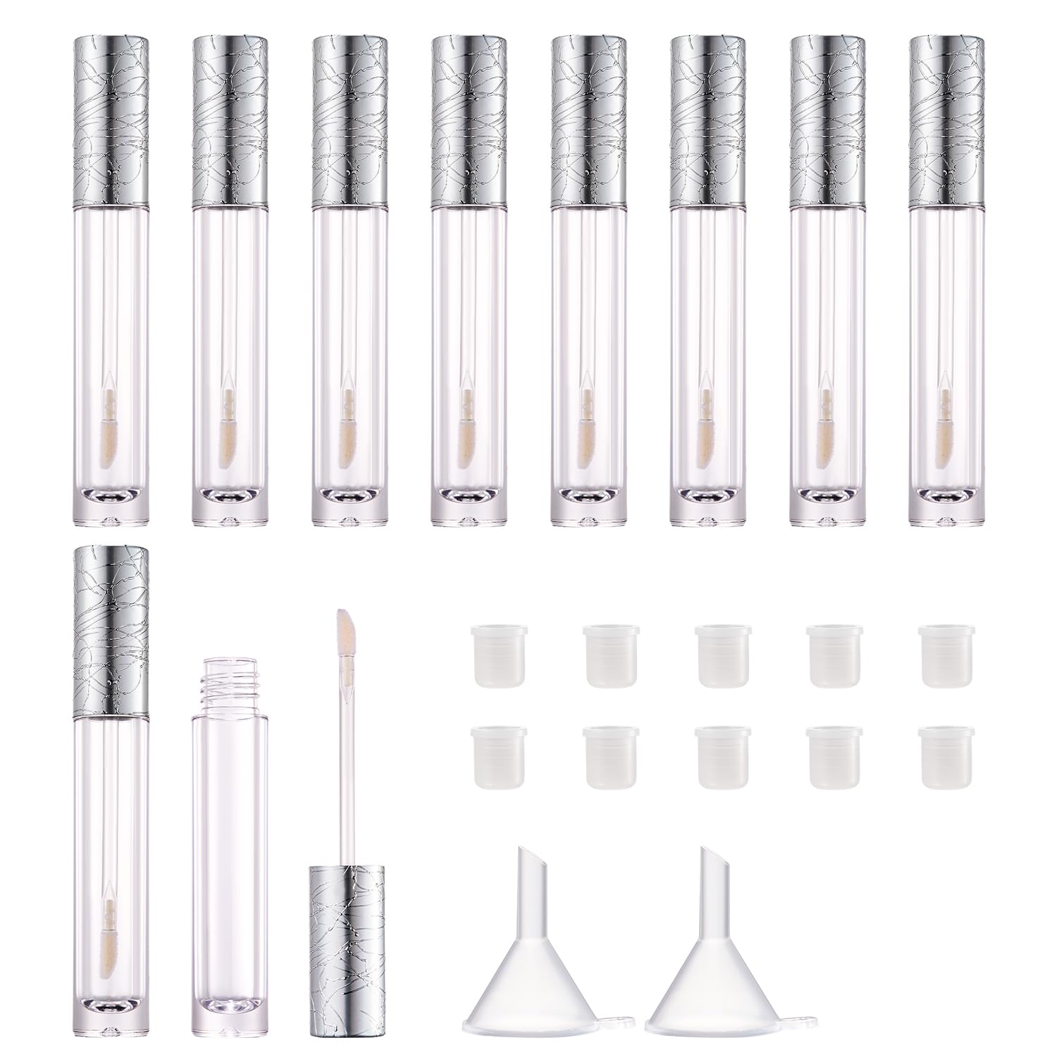 10Pcs Refillable Empty Lip Gloss Tubes with Wand, 6ml Cute Lip Gloss Containers Cosmetic Transparent Lip Gloss Bottles with Stoppers, Making Kit Lipstick Bottle for DIY Lip Glaze Samples(Silver)