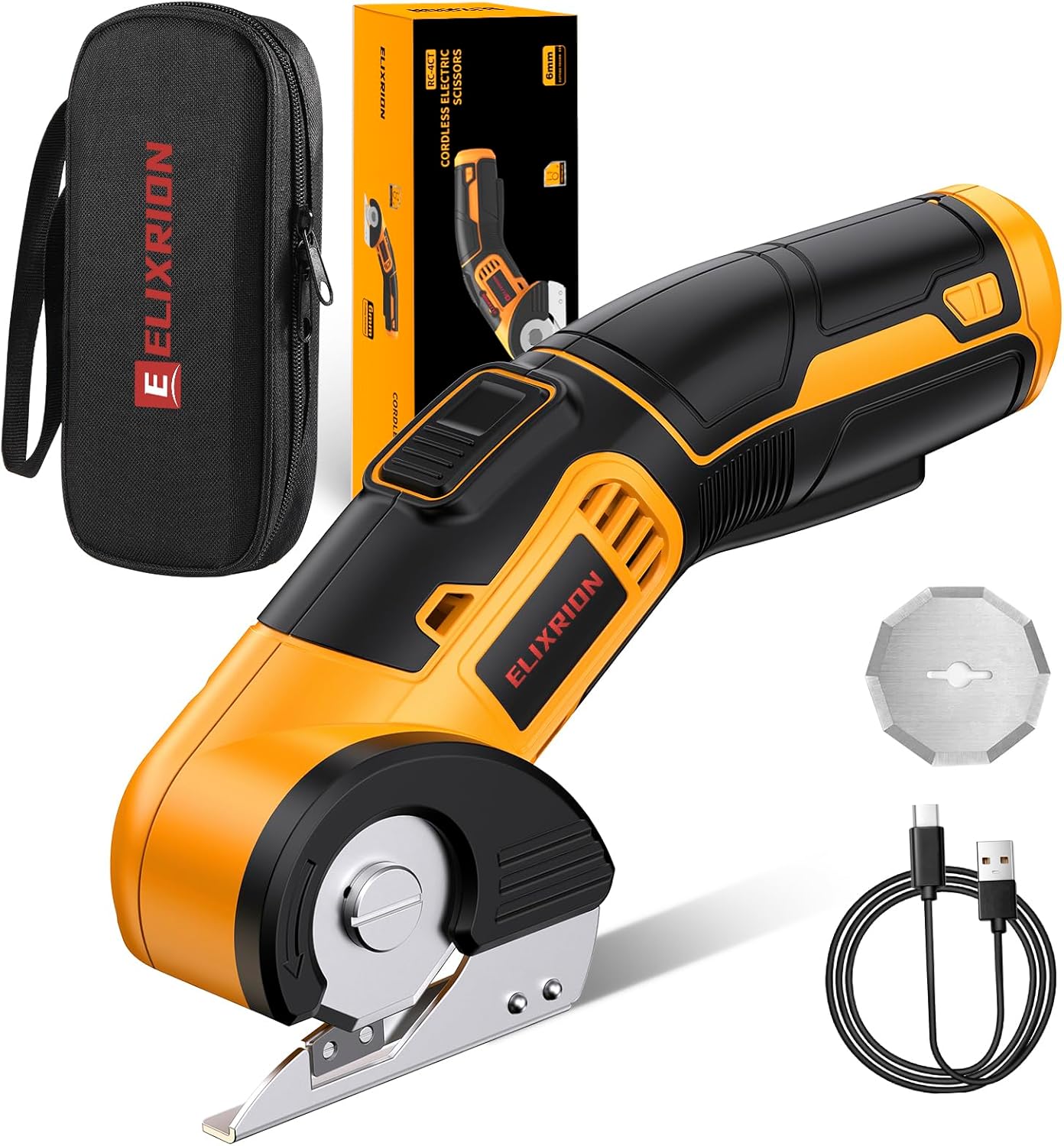 Cordless Electric Scissors Rotary Cutter with 2 Blades & Storage Bag | 4V 2000mAh Rechargeable | Heavy Duty for Cardboard Fabric Carpet Leather | Lightweight Portable (Yellow)