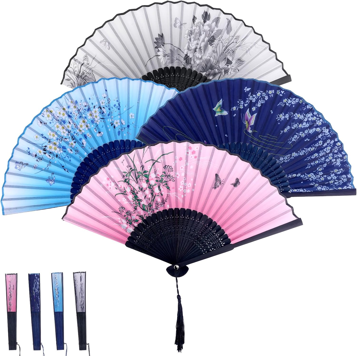 BOXOB 4pcs Folding Fans for Line Dancing, Foldable Wood Hand Held Fans Retro Pattern Chinese Style Handheld Rave Accessories for Line Dancing Role Play Wedding