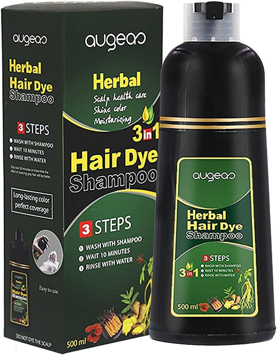 Herbal Hair Dye, 500ml Hair Dye Shampoo 3 in 1 for Women Men, Cover Gray White Hair, 10 Mins Fast Hair Dye No Damage to Hair Control Frizz Herbal Hair Dye Shampoo (Black)