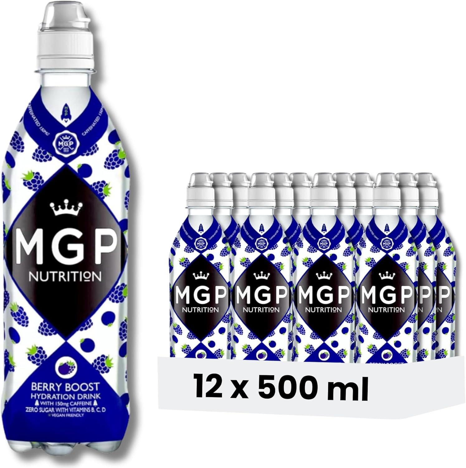 MGP Sugar Free Hydration Drink with Caffeine & Essential Vitamins, Pack of 12, Sports Recovery Electrolytes, Low Carbs, Fat & Gluten Free, Vegan Friendly, Vitamin C, B3, B5, B1, B6, B12, D3, Berry