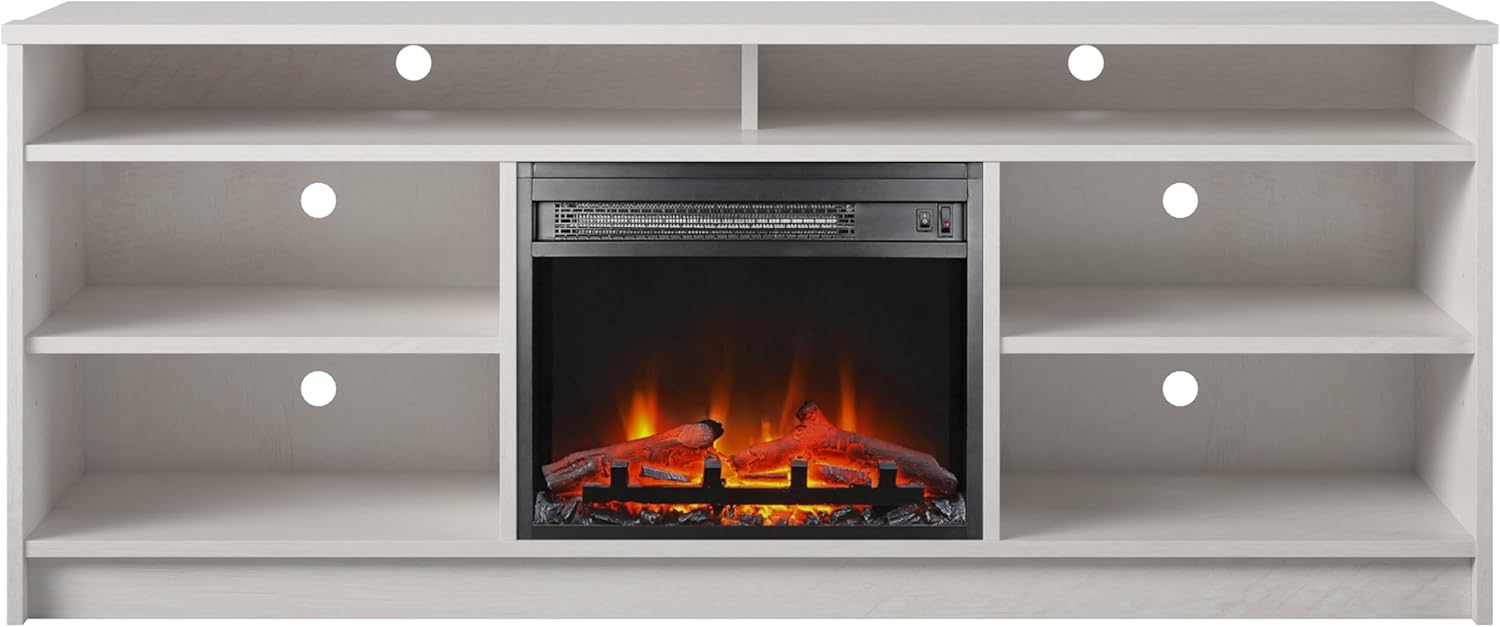 Ameriwood Home Hendrix TV Stand with Electric Fireplace Insert and 6 Shelves, 65", Ivory Oak