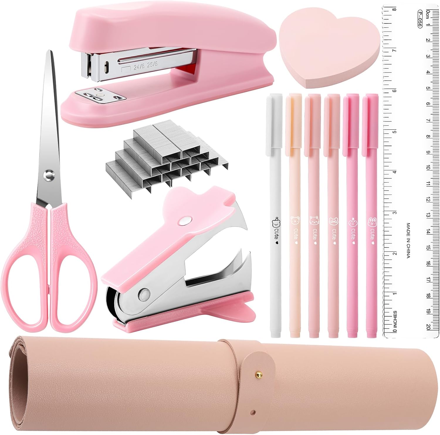 Pink Desk Office Accessories for Women Desk Mat Stapler and 1000pcs Staples Stapler Remover,Pink Pens,Measure,Scissor and Tabs,Office Supplies Gifts for Teacher Student