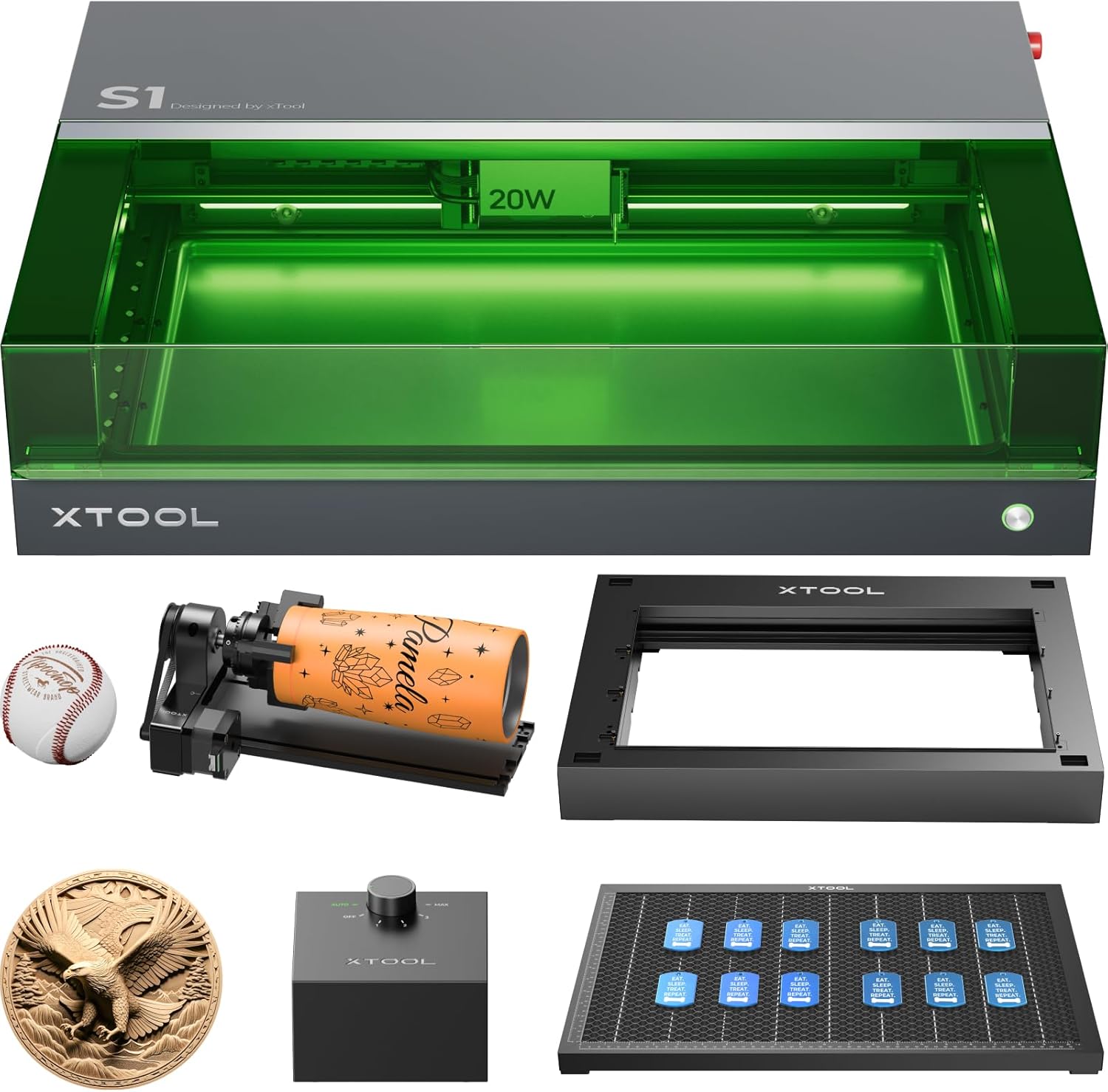 xTool S1 20W Engraving Machine with Riser Base & Honeycomb Working Sheet & Air Assit & RA2 Pro, Auto Focus, Enclosed Engraver and Cutter for Wood and Metal, Class I Safety CNC Machine