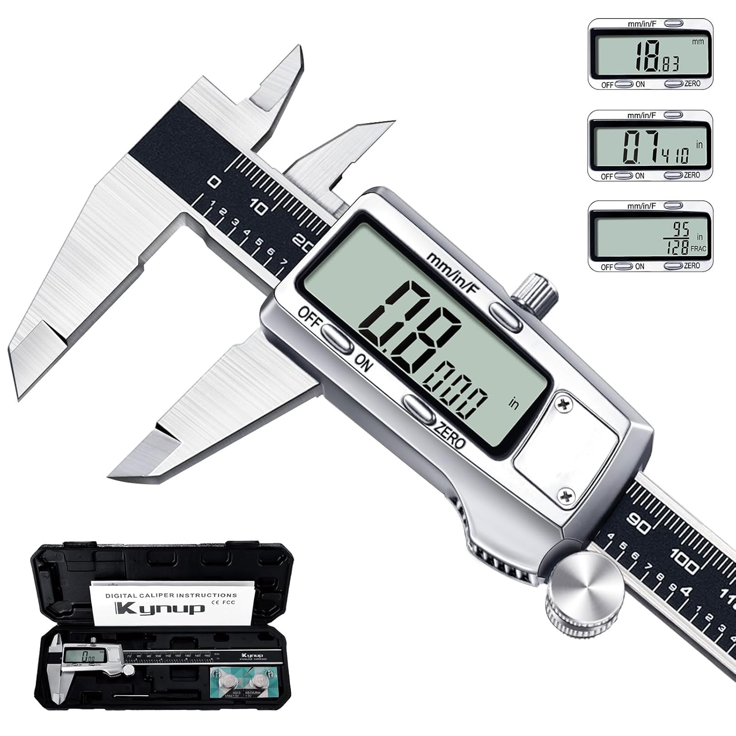 Kynup Digital Caliper, 150mm Electronic Calipers Measuring Tool, Precision Digital Tool Vernier Micrometer Measuring Tools with Mm/Inch/Fraction Conversion