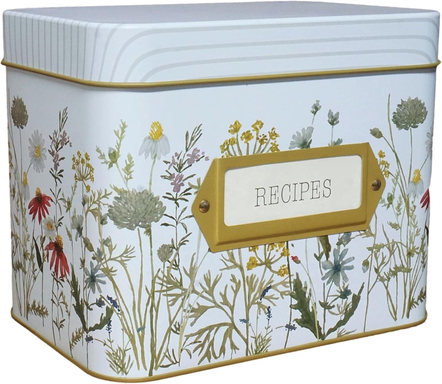 SENSORY4U Tin Recipe Box Holder With Cards - Wildflower Print - Includes 100 4X6 Cards and 12 Dividers - Beautiful Decorative Tin Box Flower Gift