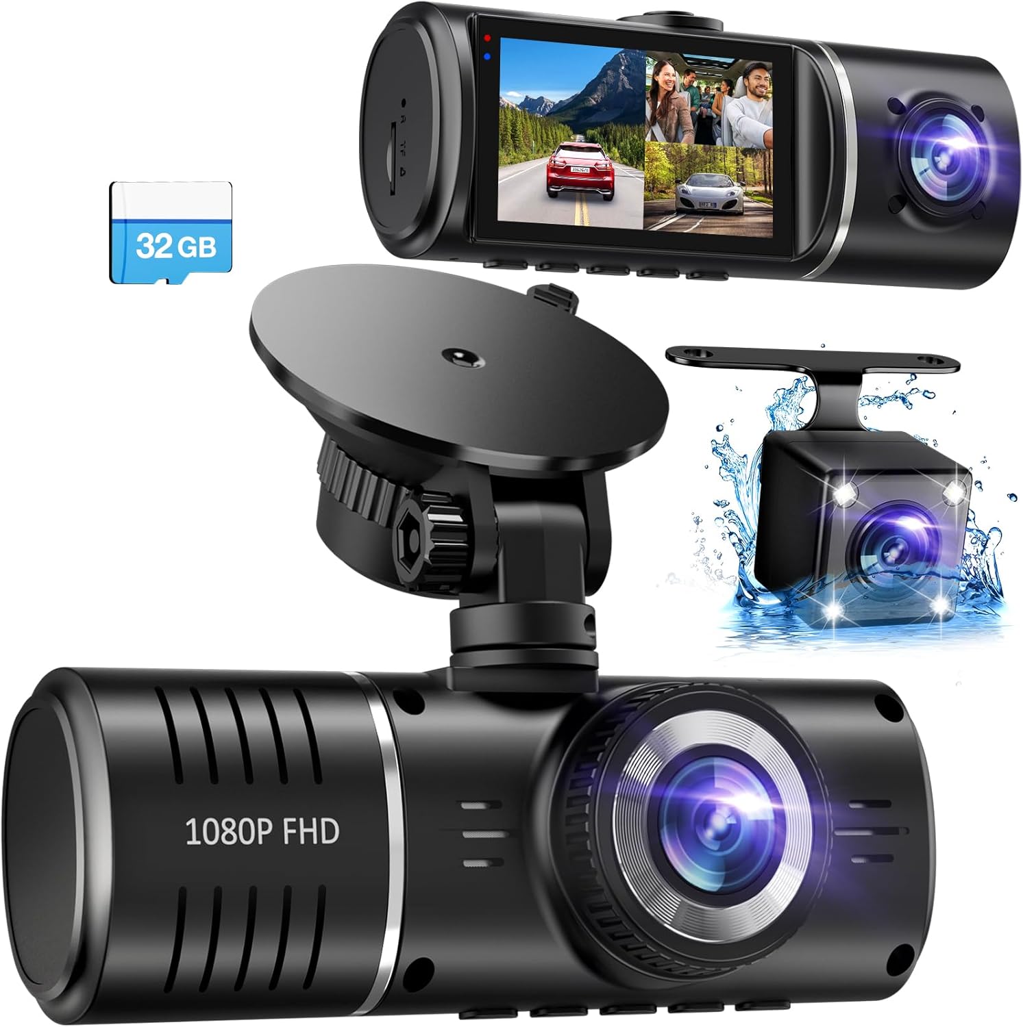Dash Cam Front and Rear, 1080P Dash Camera for Cars, 3 Channel Car Camera Front Rear and Inside with 32GB Card, Loop Recording, Night Vision, HDR, G-Sensor, 24Hr Parking