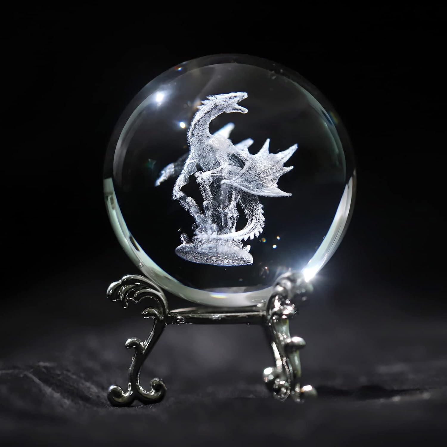 2.36in 3D Dragon Crystal Ball with Stand -3D Laser Engraving Dragon on Crystal Mythological Statue Figurine Crystal Ball Paperweight