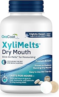 OraCoat XyliMelts Dry Mouth Relief Oral Adhering Discs, Slightly Sweet with Xylitol, for Dry Mouth, Stimulates Saliva, Non-Acidic, Day and Night Use, Time Release for up to 8 Hours, 100 Count