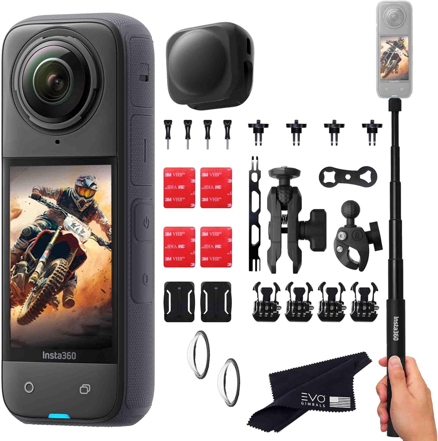 Insta360 X4 Motorcycle Bundle- 8K Waterproof 360 Action Camera with 1/2"" 48MP Sensors, 5.7K 360 HDR Video, |Includes Motorcycle Bundle, Selfie Stick, Lens Guard and Lens Cap (No Card), Black