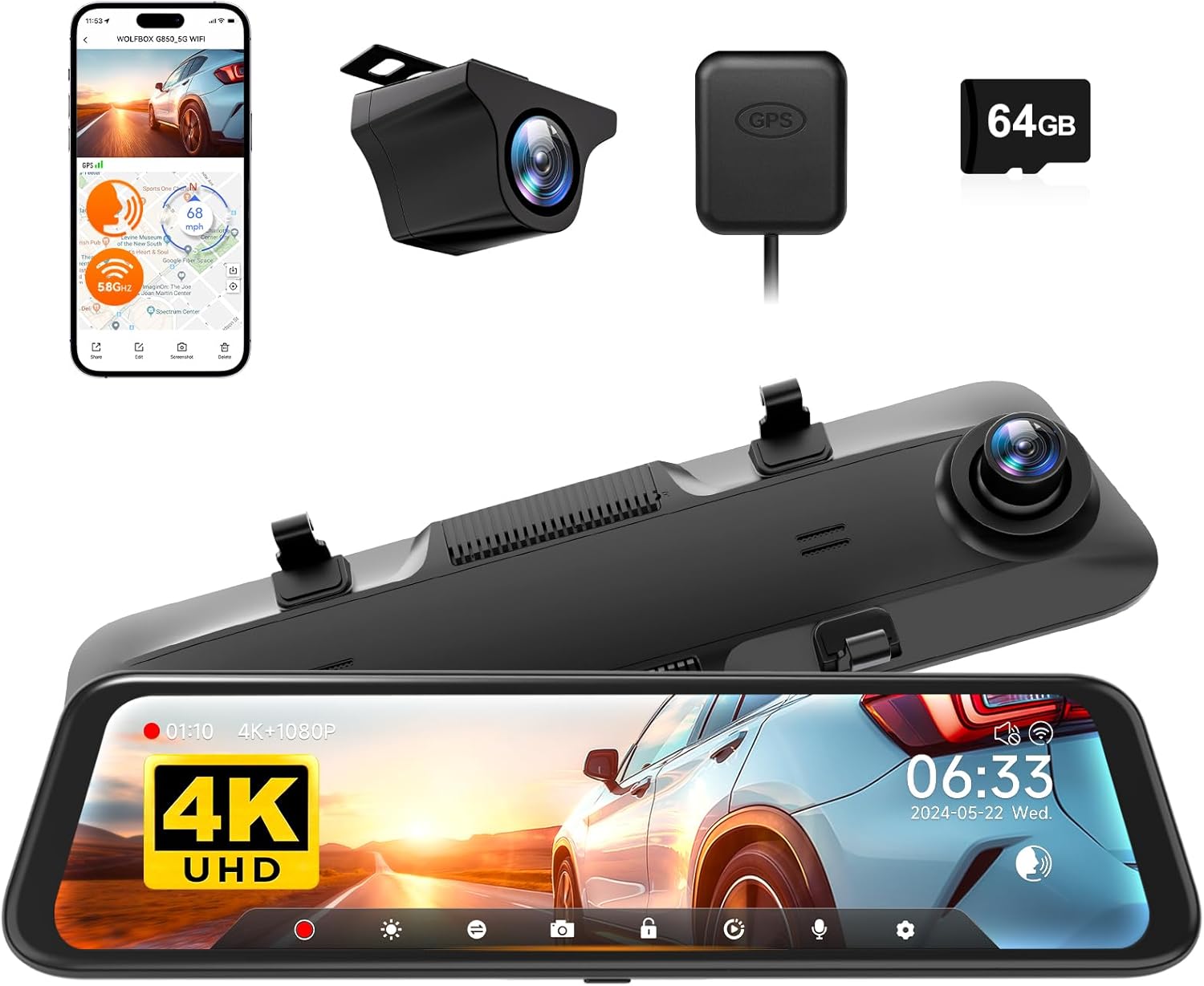 WOLFBOX G850 12" 4K Rear View Mirror Camera with 5.8GHz WiFi and Voice Control, Smart Mirror Dash Cam Front and Rear, Backup Camera with 1080P Rear Camera, Dash Cam with WDR, Includes 64GB Card & GPS