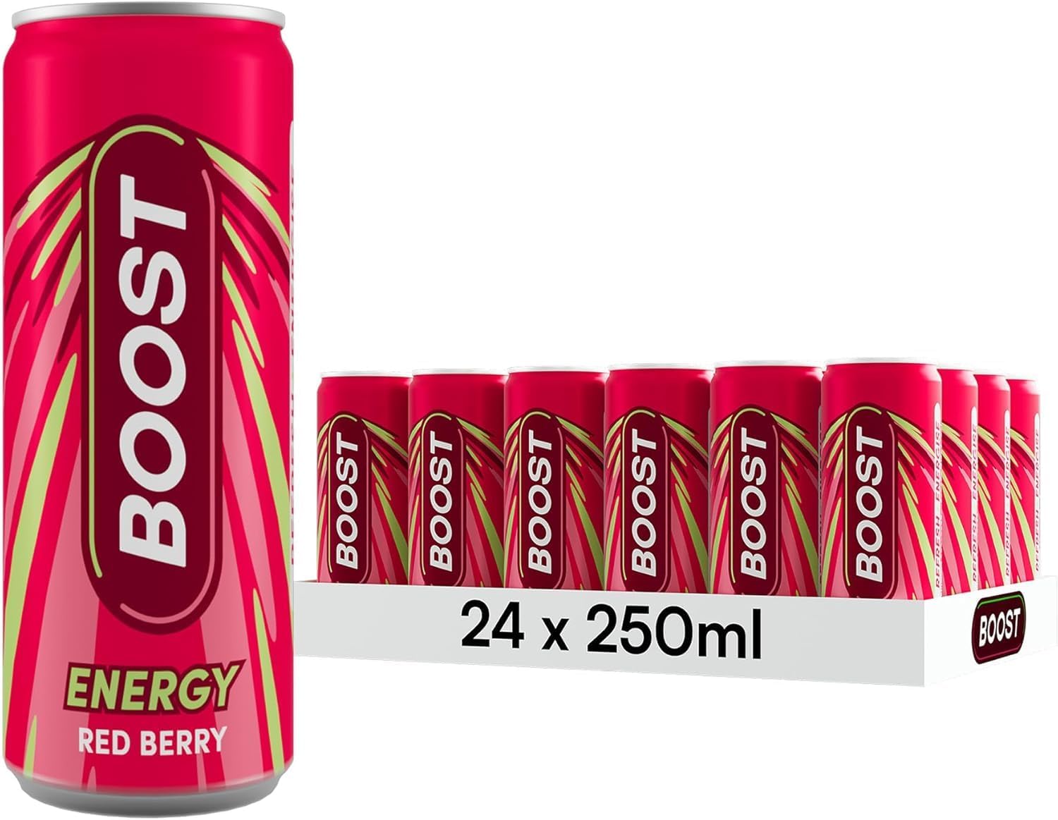 Boost Energy Drink Red Berry - 24 Pack Drinks with Caffeine, Taurine and Vitamin B Carbonated Energy Drinks Gluten Free Vegan Low-Calorie Fizzy Drinks Multipack 24x250ml