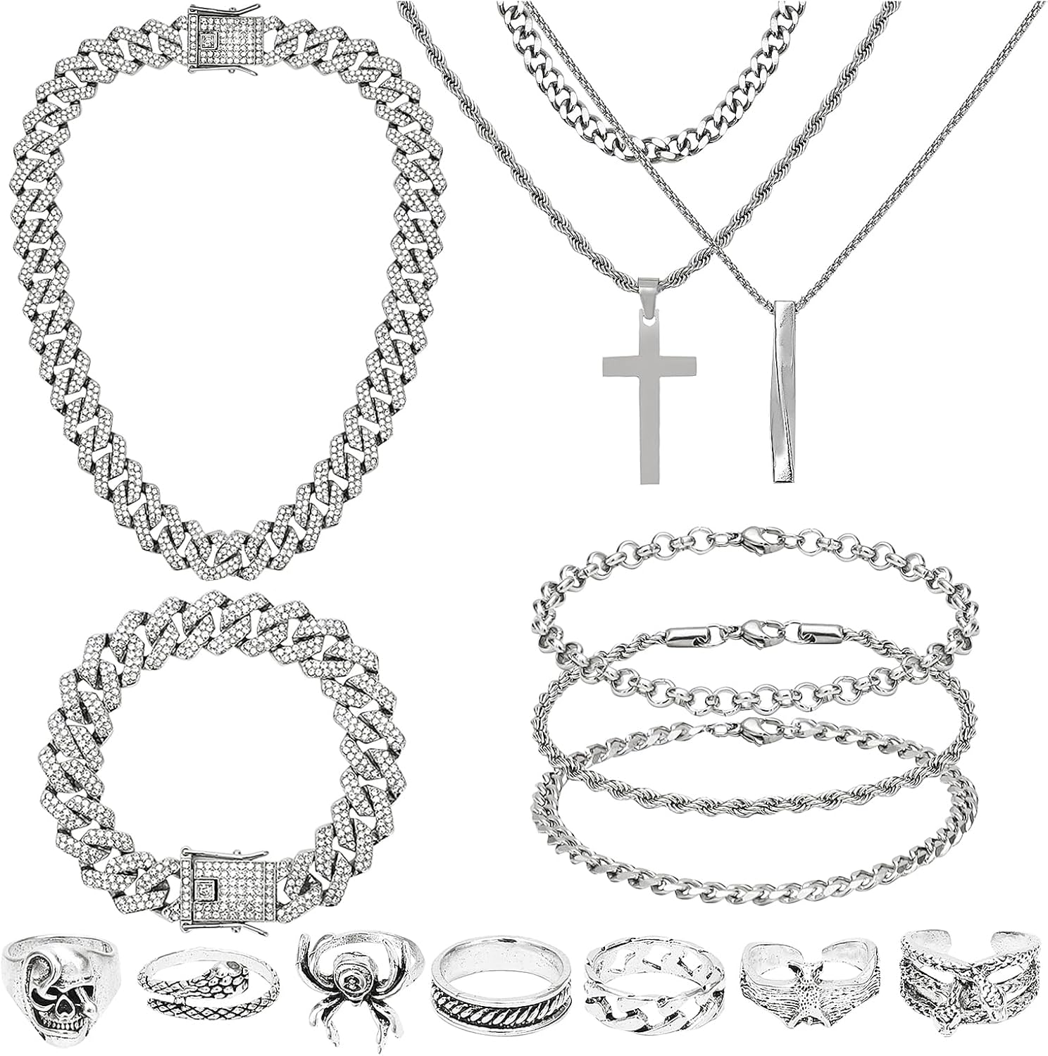 NEWITIN 15 Pieces Silver Jewelry Set for Men Stainless Steel Cuban Link Necklace Bracelet Cross Pendant Necklace Vintage Ring Cuban Jewelry Set for Men Women