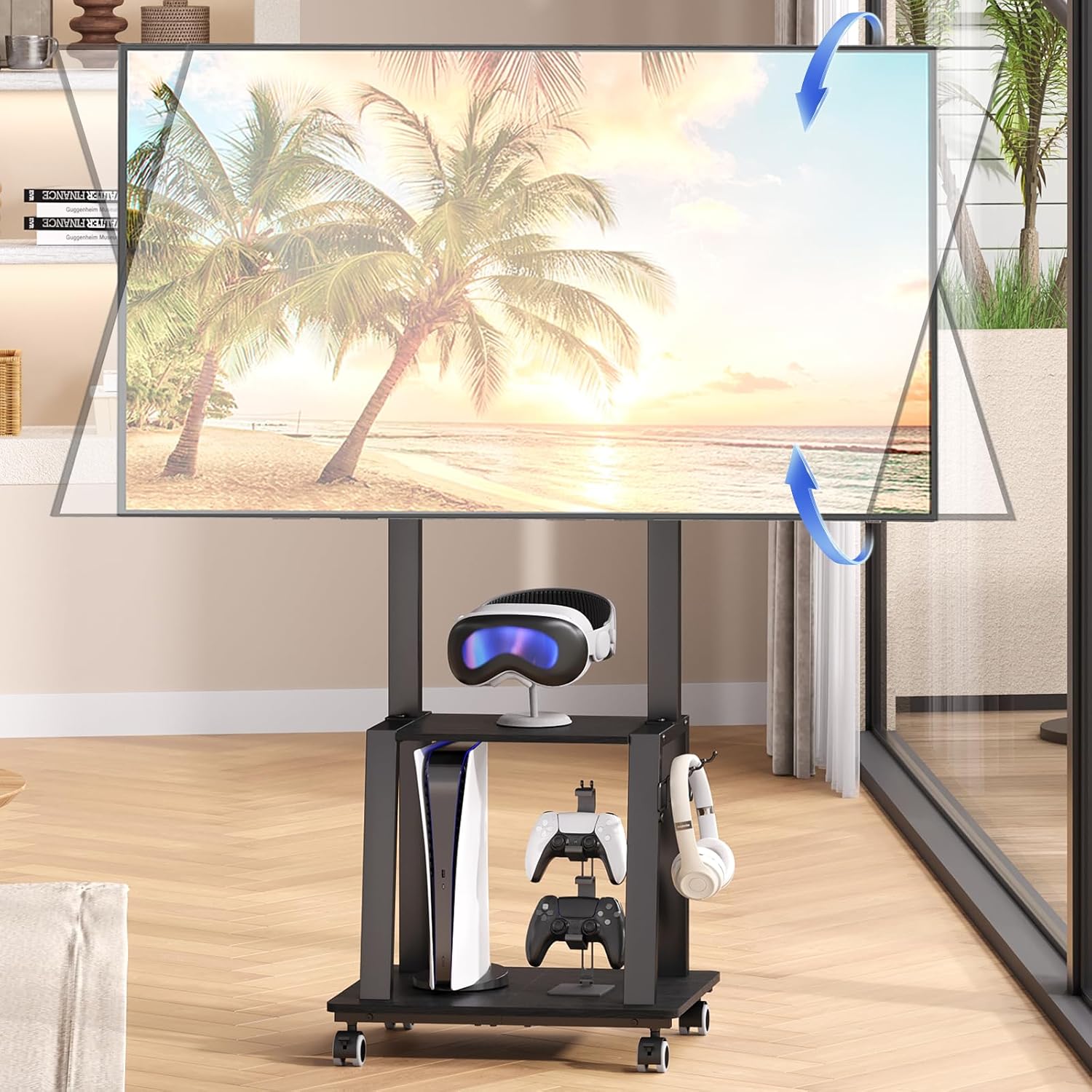 Rolling TV Stand on Wheels for 23-60Inch Flat/Curved Screen TVs,Tilt Mobile TV Cart with 2 Shelves,Portable TV Stand with Adjustable Height Holds up to 50lbs for Indoor Outdoor Max VESA 400x400mm